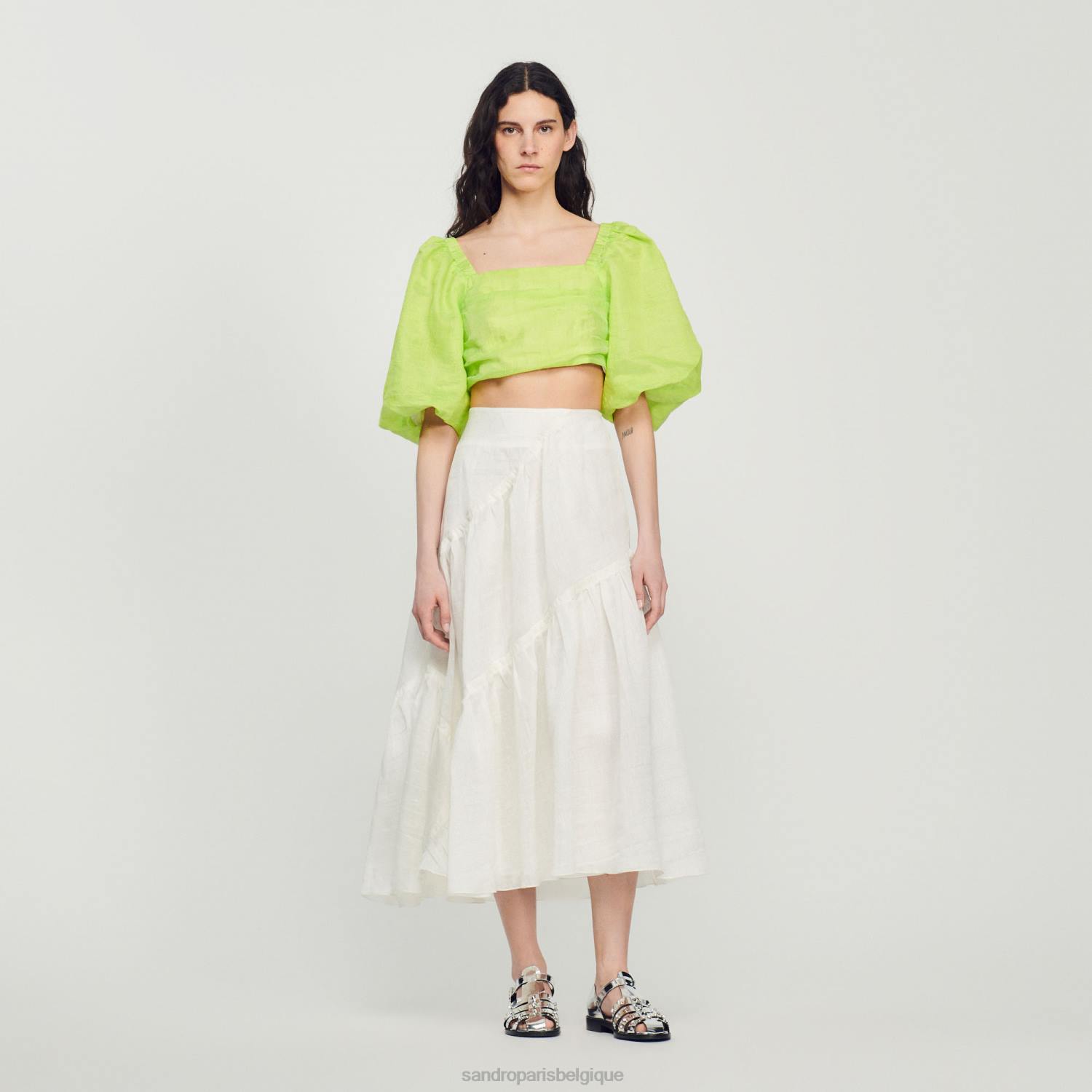vêtements Sandro Paris jupe longue à volants blanc femmes XLXD205
