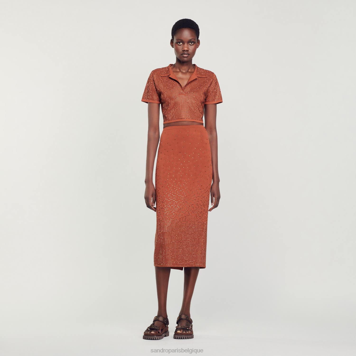 vêtements Sandro Paris jupe midi à ornements en strass brun femmes XLXD76