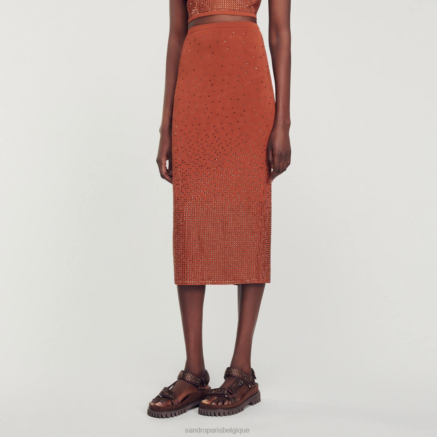 vêtements Sandro Paris jupe midi à ornements en strass brun femmes XLXD76