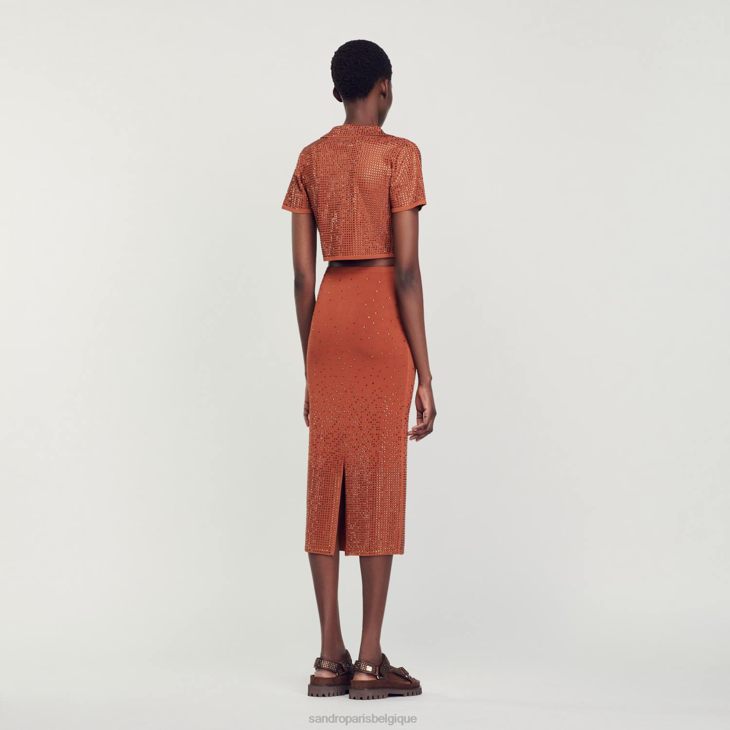 vêtements Sandro Paris jupe midi à ornements en strass brun femmes XLXD76