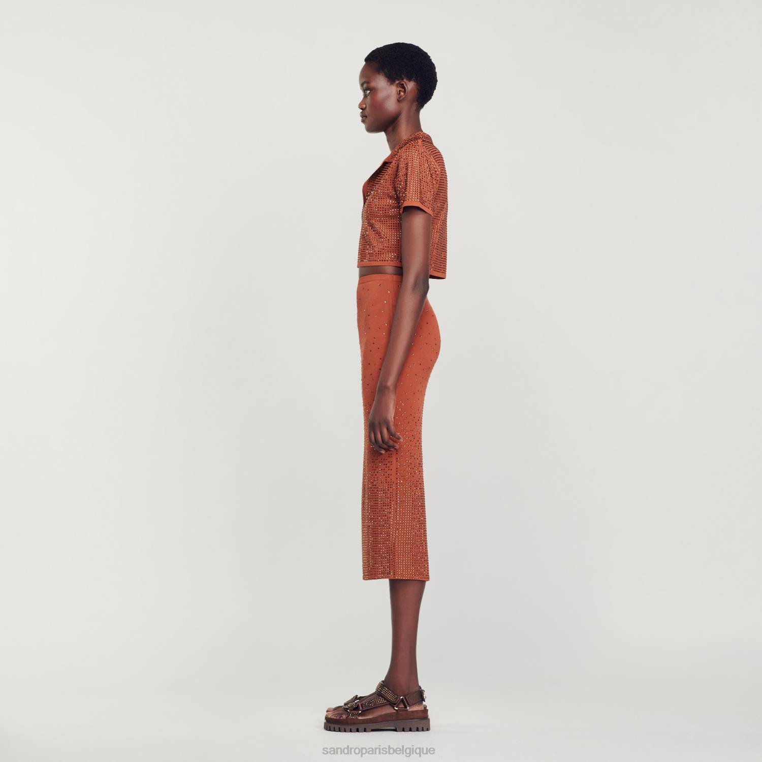 vêtements Sandro Paris jupe midi à ornements en strass brun femmes XLXD76