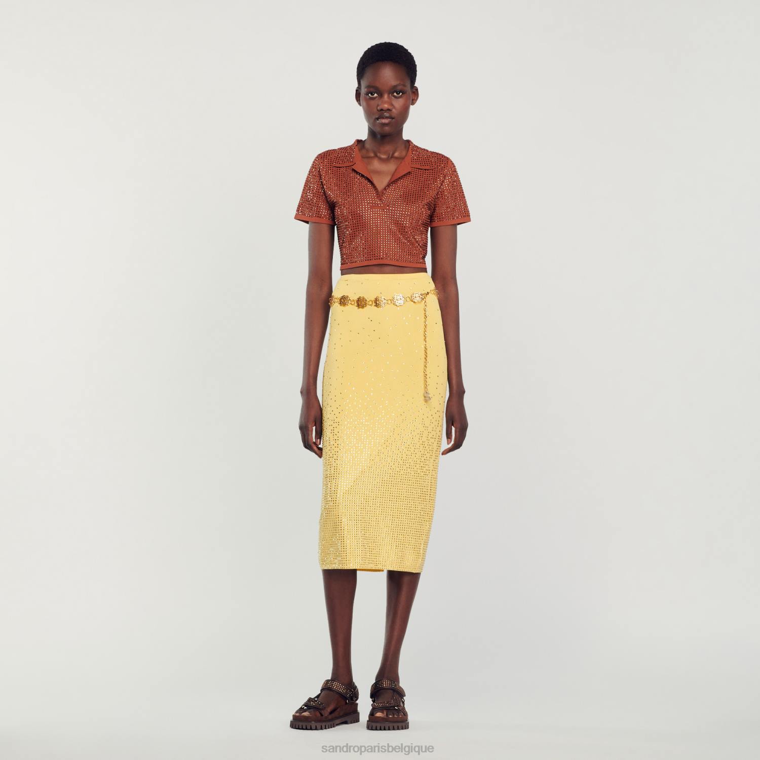 vêtements Sandro Paris jupe midi à ornements en strass jaune femmes XLXD75