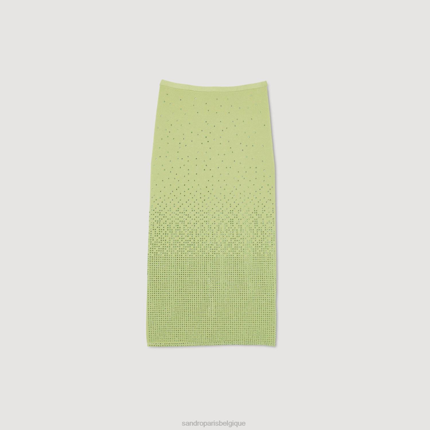 vêtements Sandro Paris jupe midi à ornements en strass kaki clair femmes XLXD77