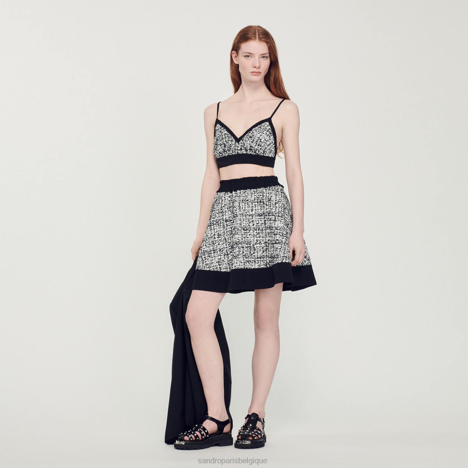 vêtements Sandro Paris jupe patineuse en tweed noir femmes XLXD351