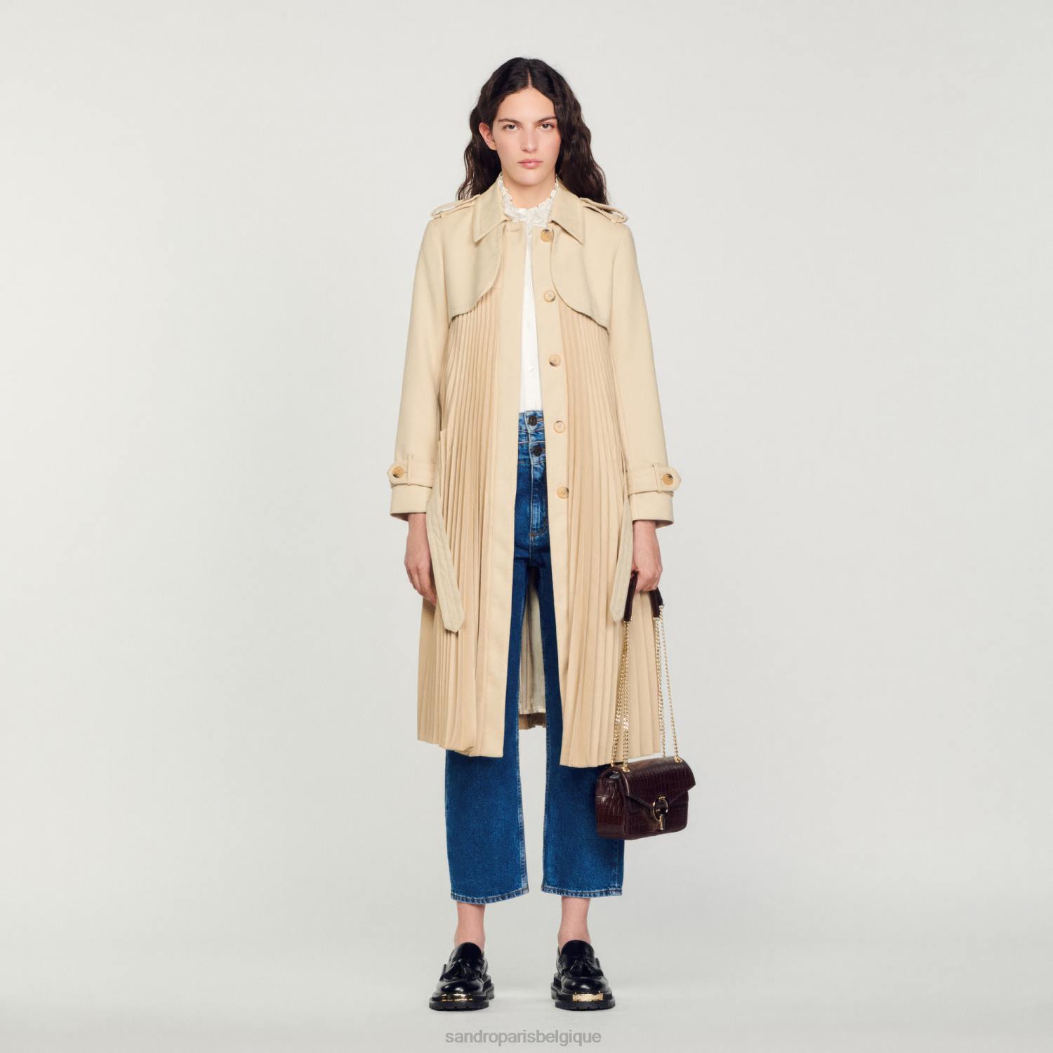 vêtements Sandro Paris trench plissé avec ceinture beige femmes XLXD130