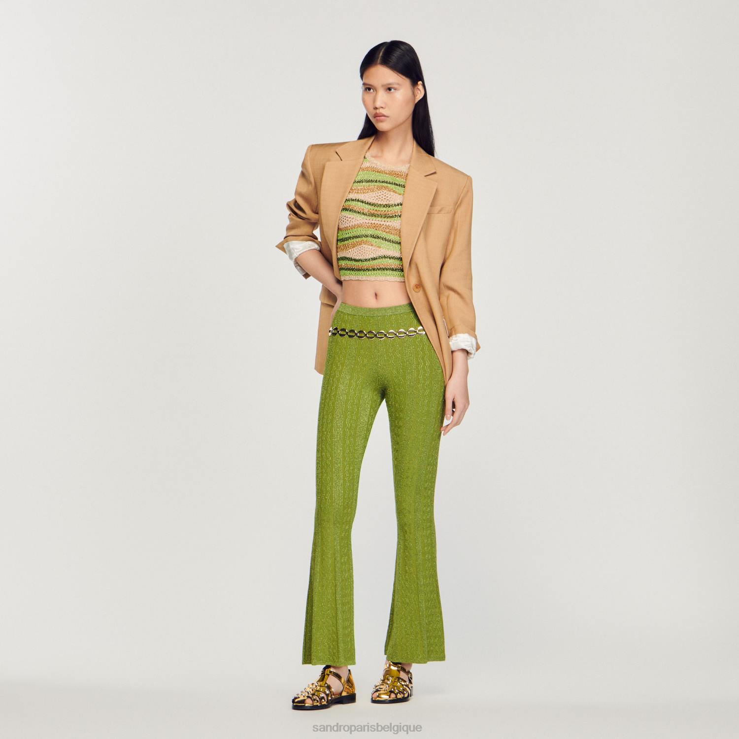 vêtements Sandro Paris pantalon en maille métallisée kaki clair femmes XLXD350