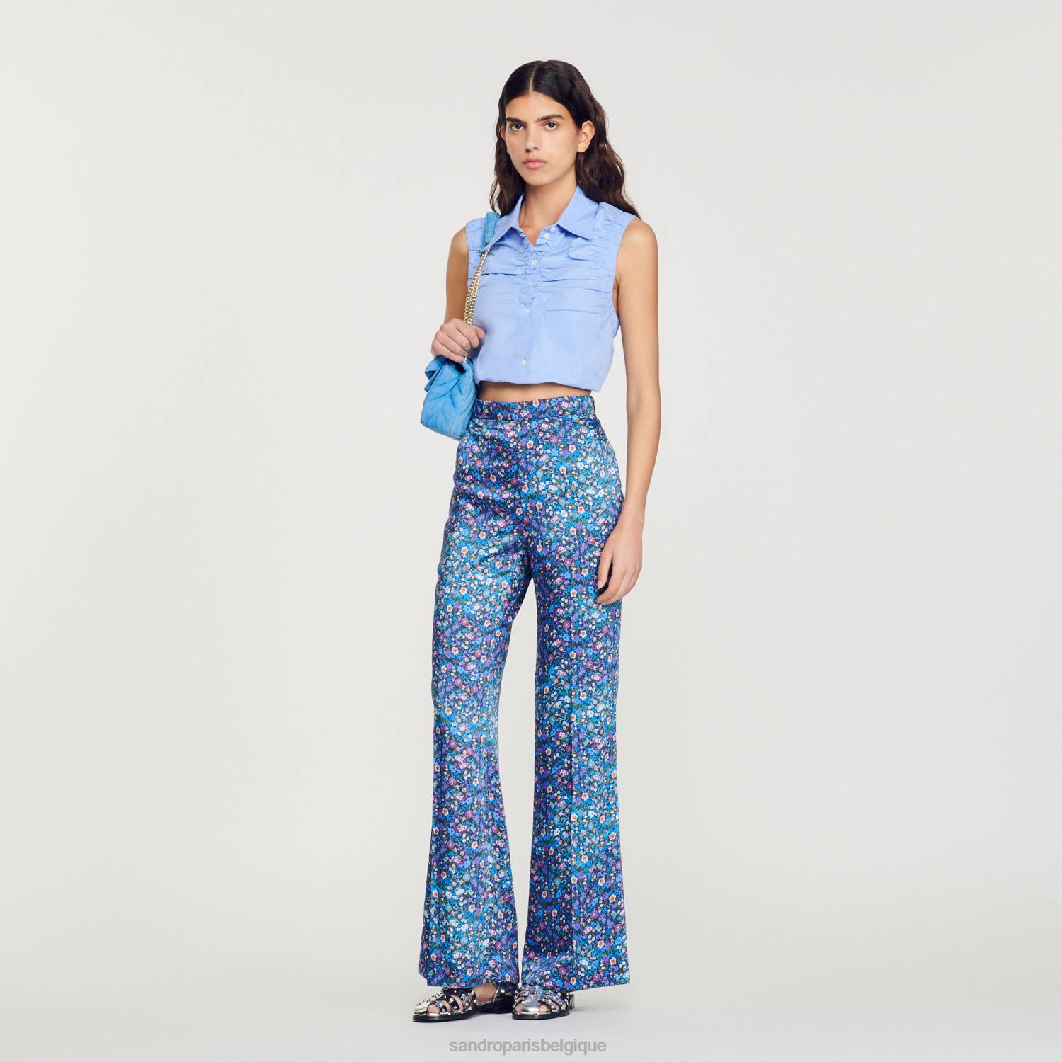 vêtements Sandro Paris pantalon en satin à fleurs bleu violet femmes XLXD292