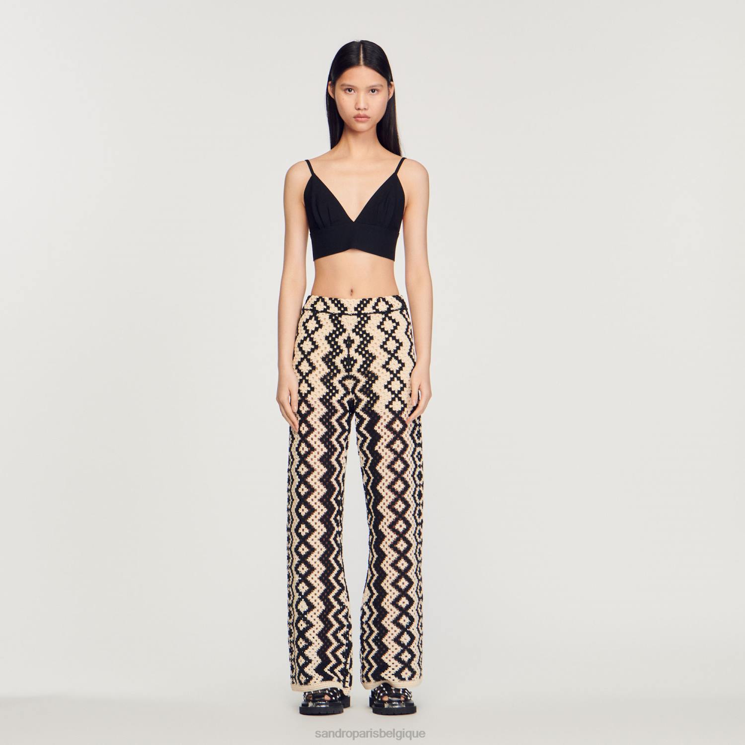 vêtements Sandro Paris pantalon en tricot noir/écru femmes XLXD100