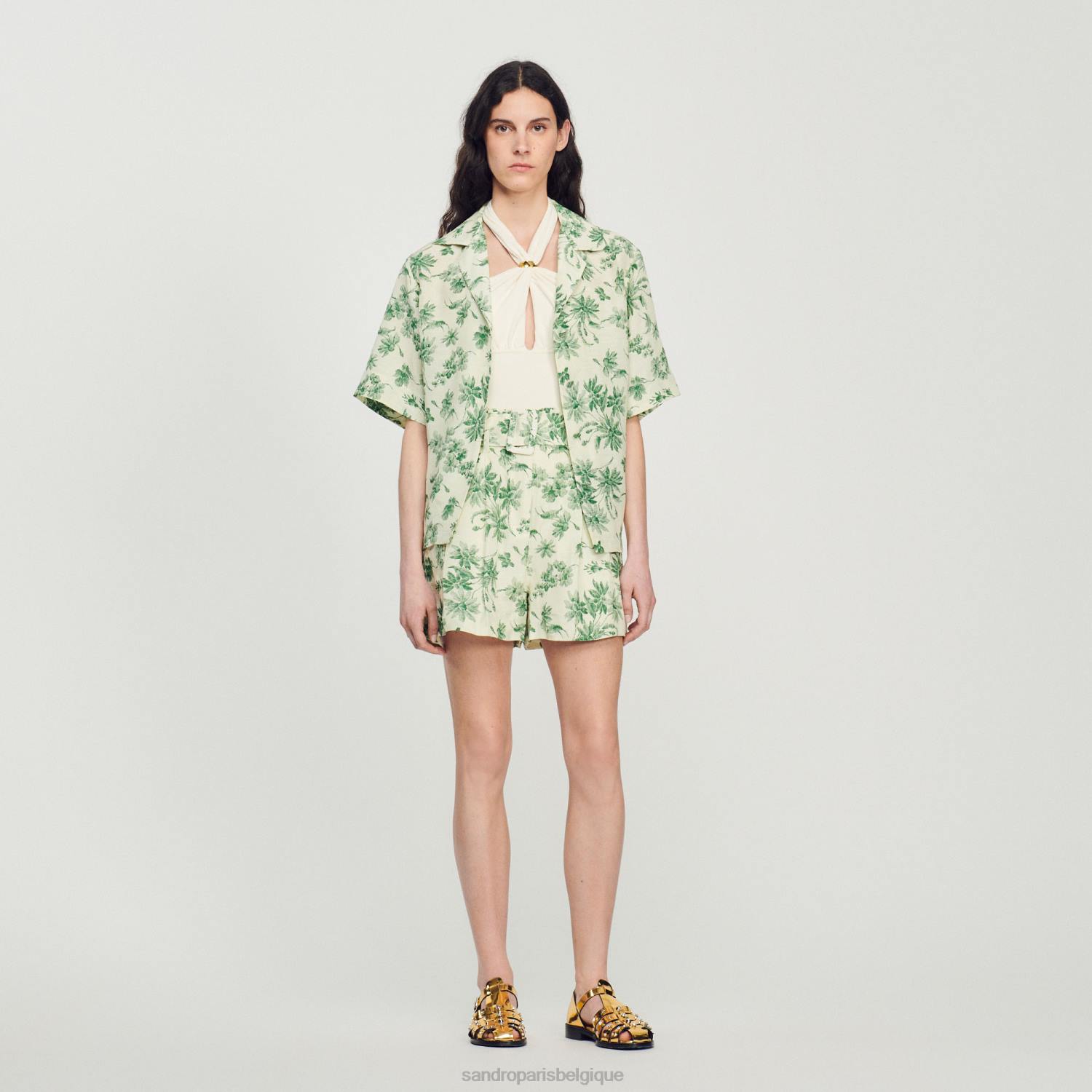 vêtements Sandro Paris short ample imprimé palmiers écru - vert femmes XLXD345