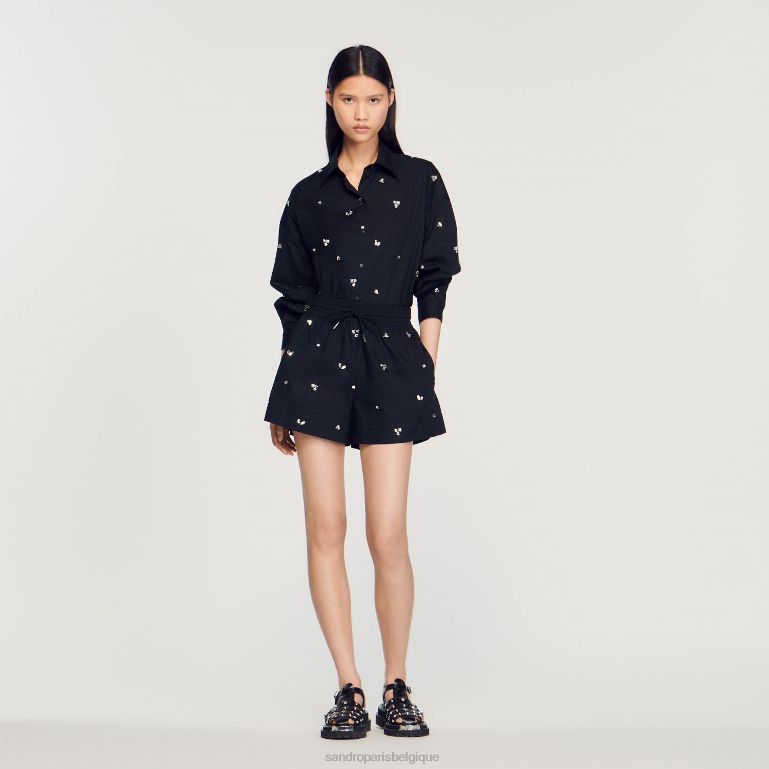 vêtements Sandro Paris short ornementé brodé à la main noir femmes XLXD236