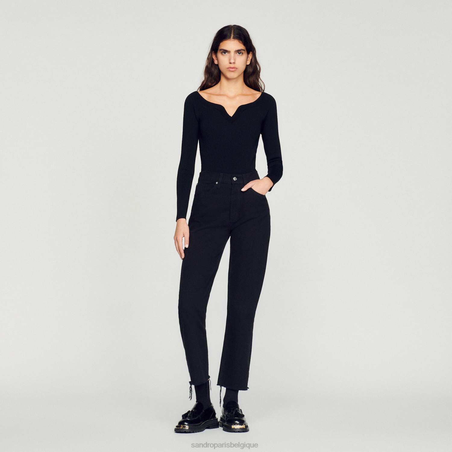 vêtements Sandro Paris body en maille avec col en cœur noir femmes XLXD323