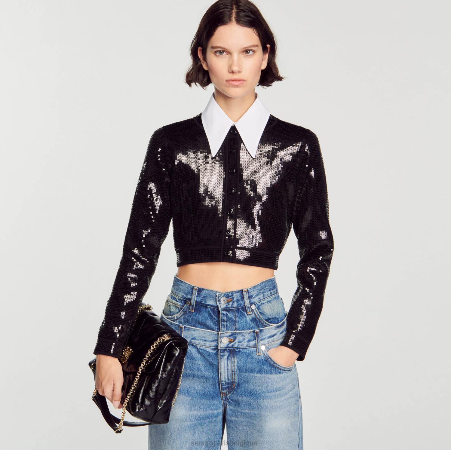vêtements Sandro Paris cardigan court à sequins noir femmes XLXD48