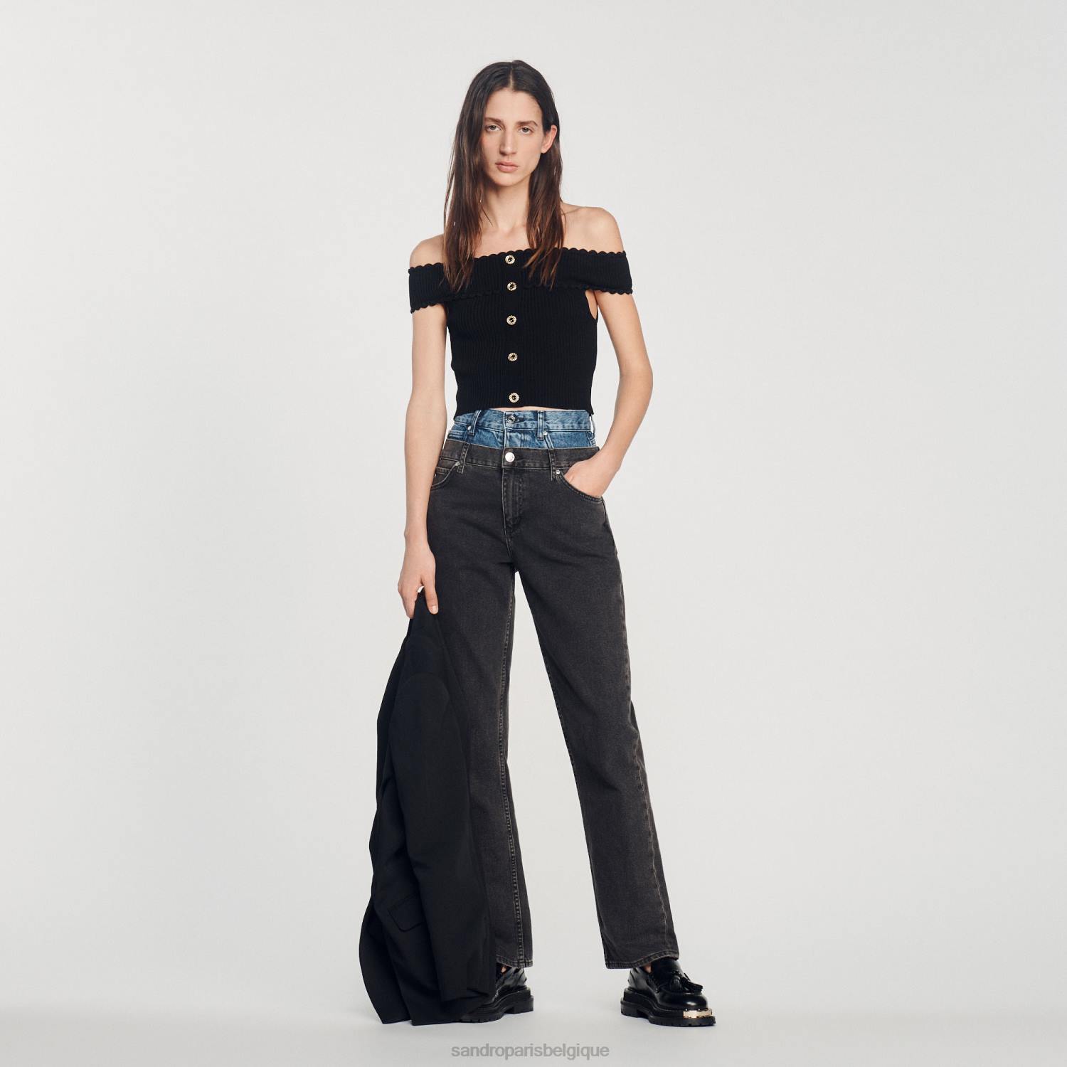vêtements Sandro Paris haut court en maille noir femmes XLXD180