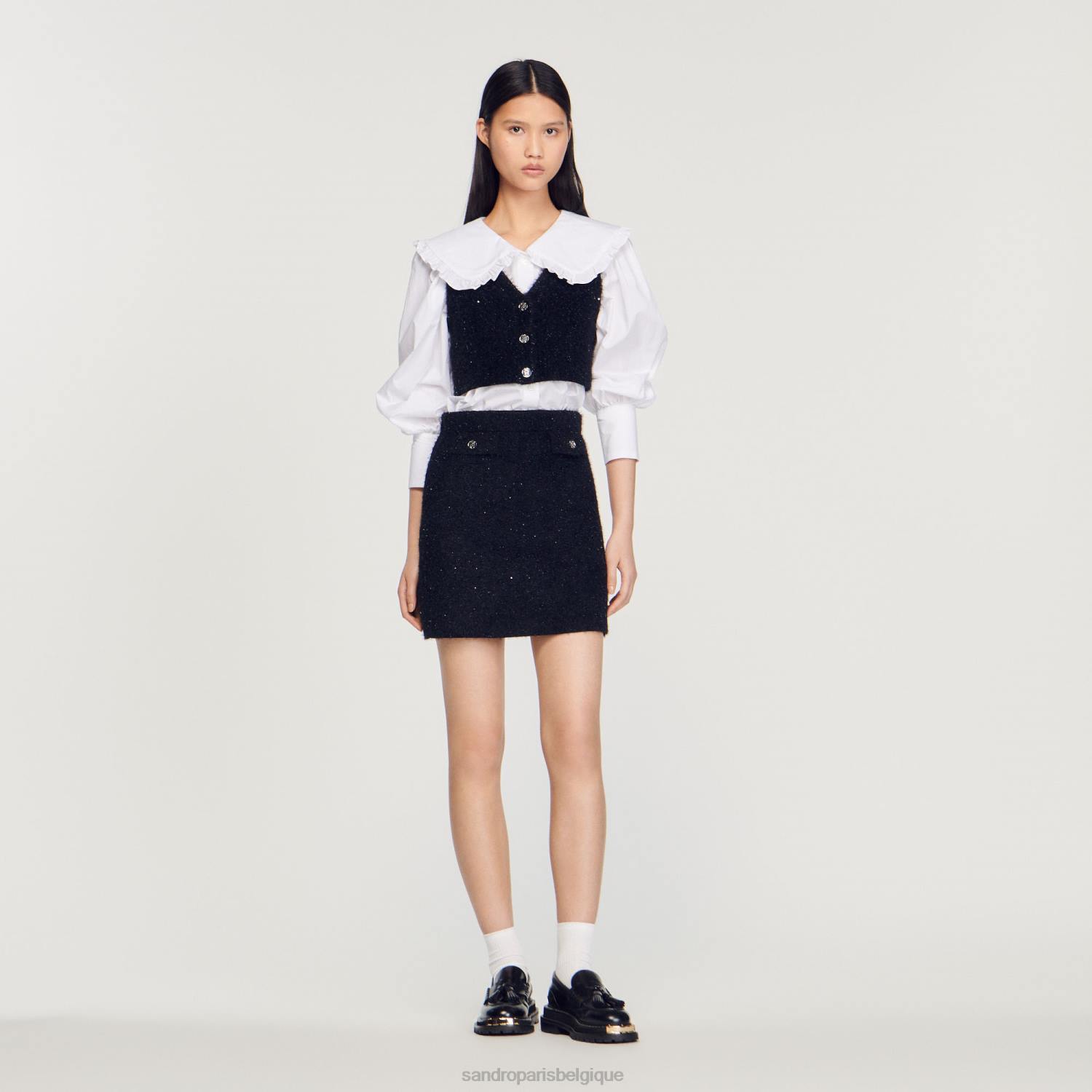 vêtements Sandro Paris haut court en tweed noir femmes XLXD344