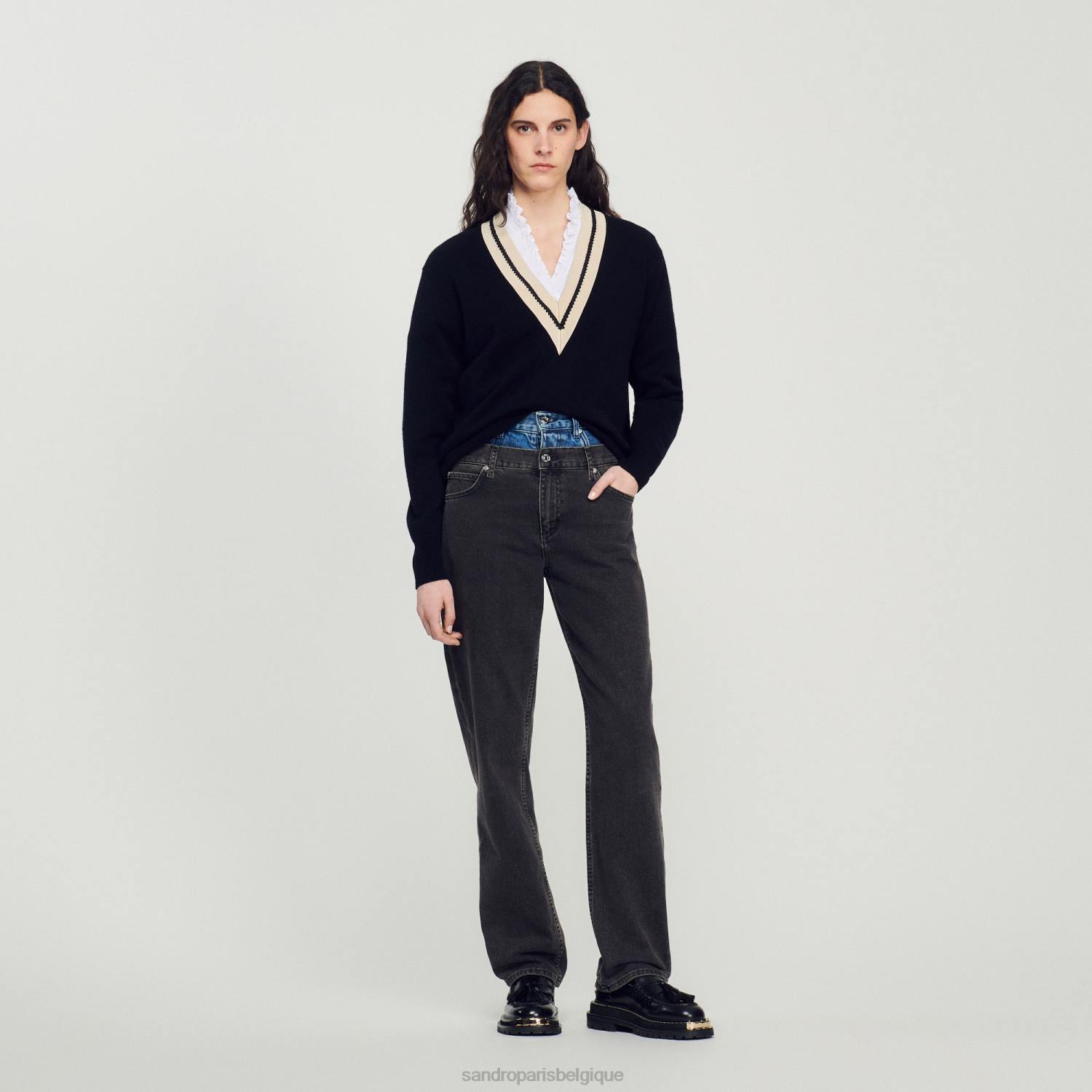 vêtements Sandro Paris pull avec col en V contrasté noir femmes XLXD89