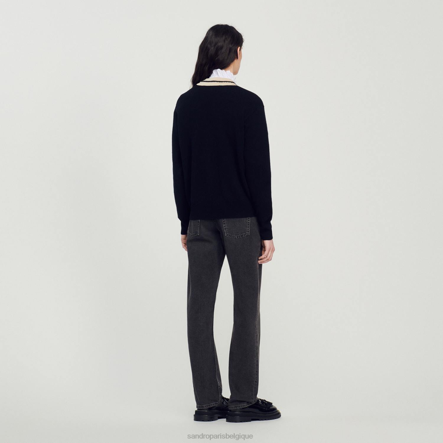 vêtements Sandro Paris pull avec col en V contrasté noir femmes XLXD89