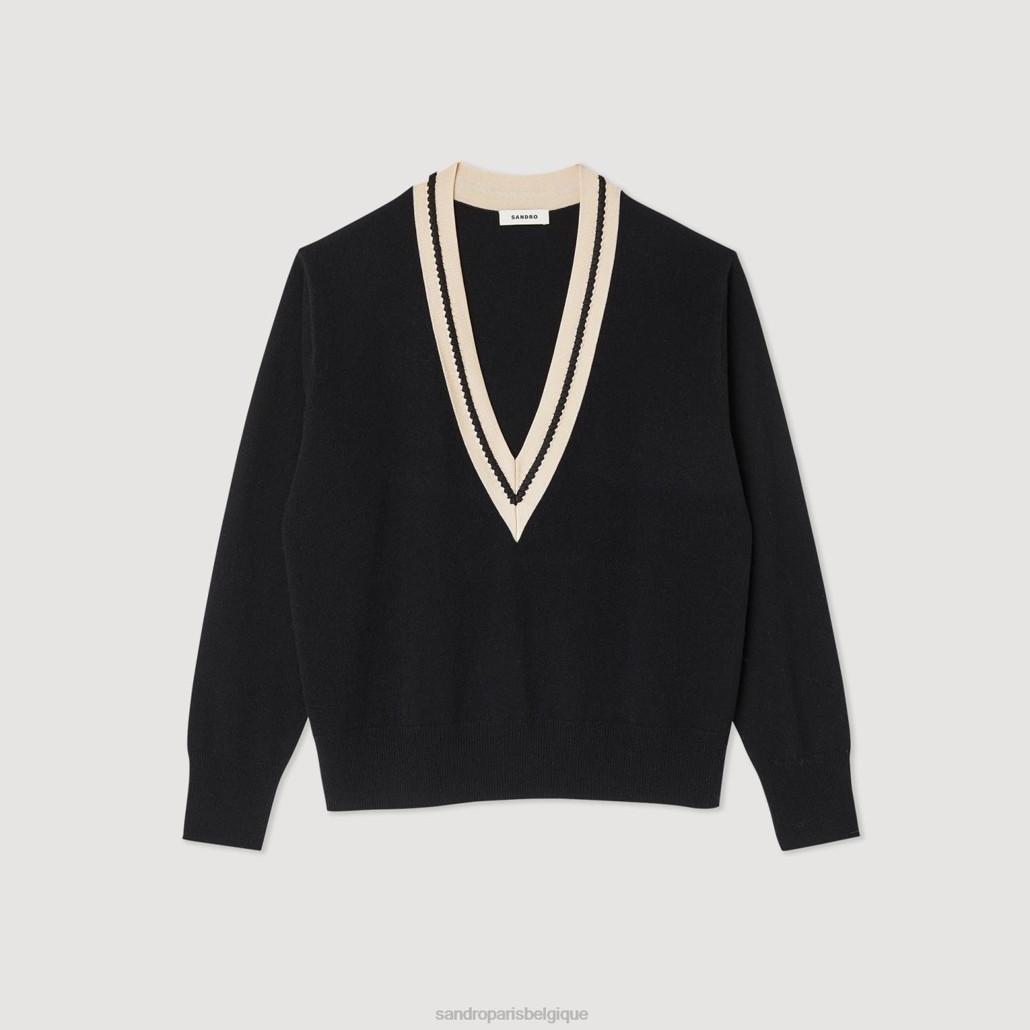 vêtements Sandro Paris pull avec col en V contrasté noir femmes XLXD89