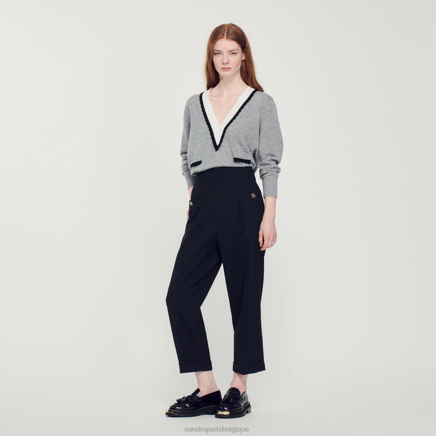 vêtements Sandro Paris pull à col V profond contrasté gris moqué femmes XLXD86