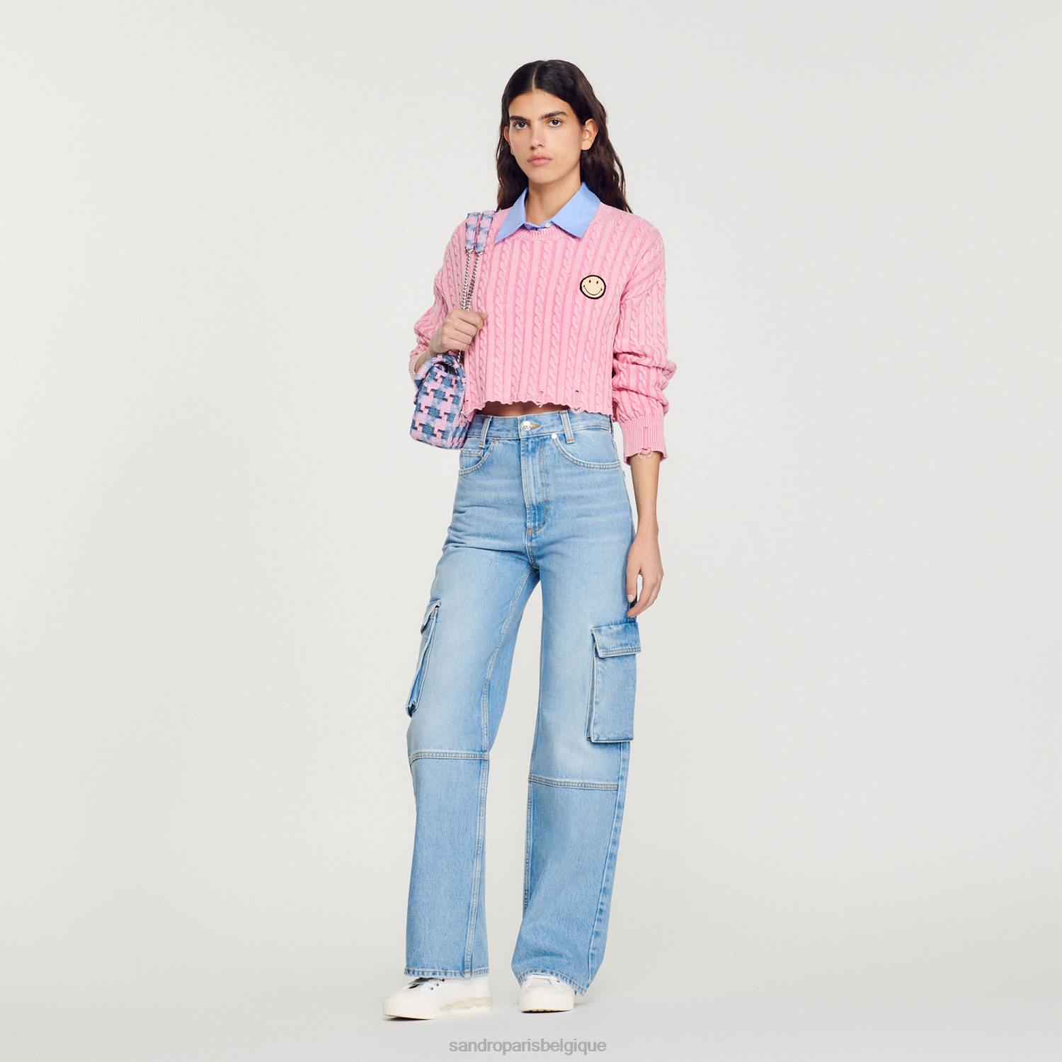 vêtements Sandro Paris pull court avec smiley rose femmes XLXD389