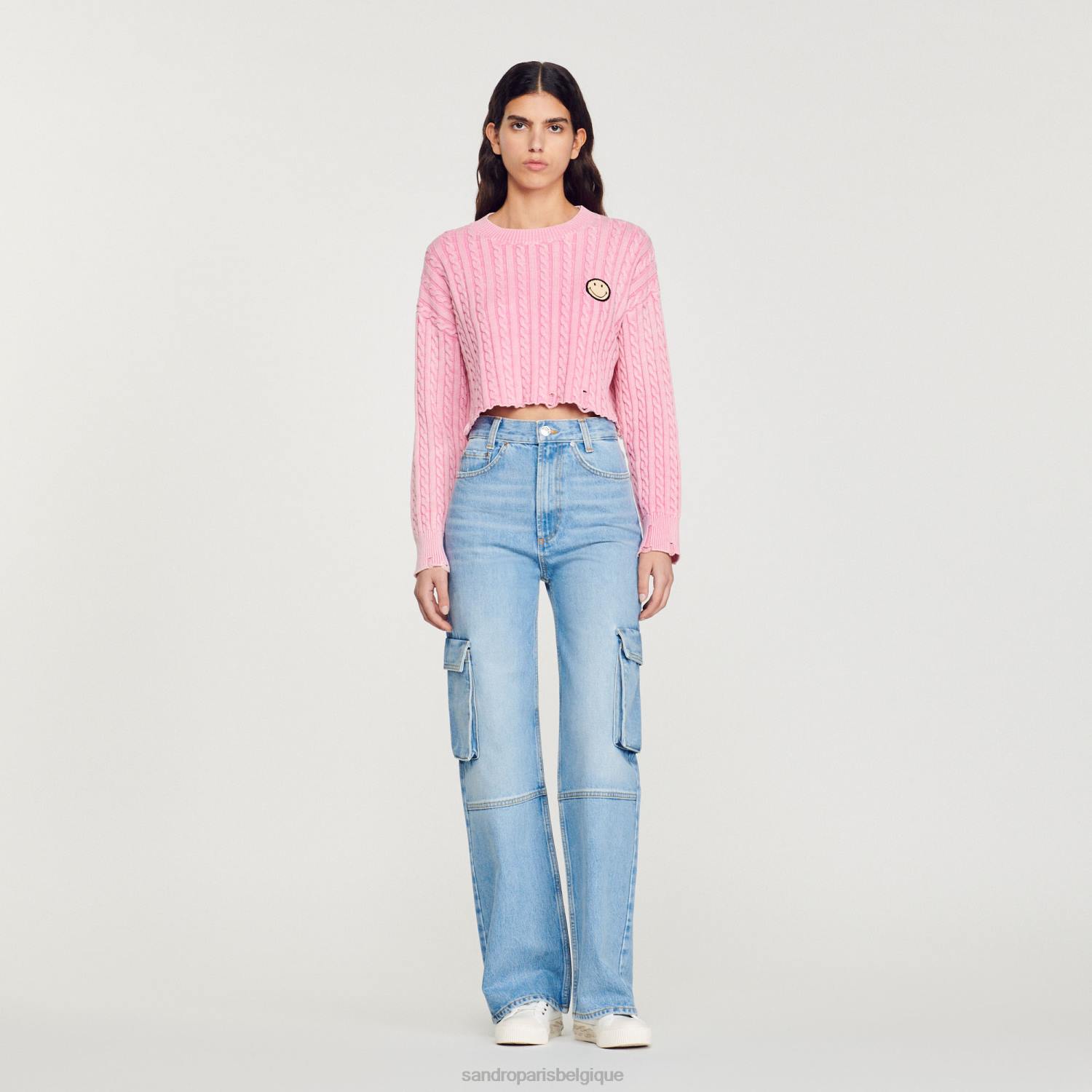 vêtements Sandro Paris pull court avec smiley rose femmes XLXD389