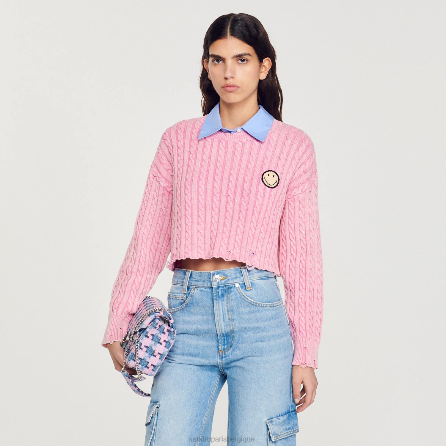 vêtements Sandro Paris pull court avec smiley rose femmes XLXD389