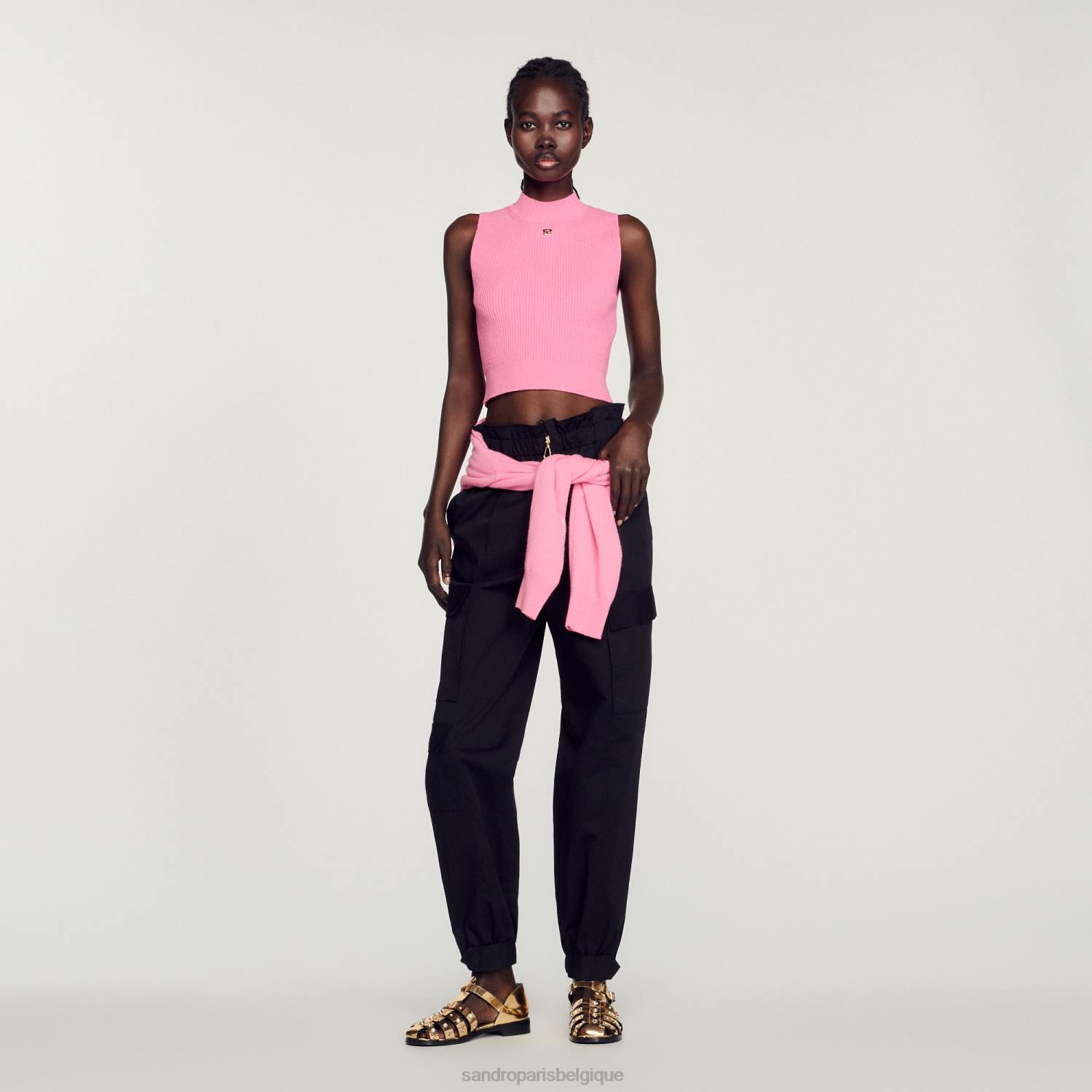 vêtements Sandro Paris pull court côtelé rose femmes XLXD190