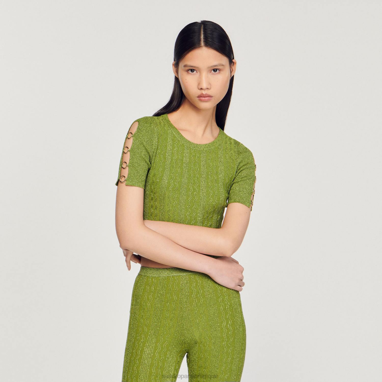 vêtements Sandro Paris pull court en maille métallisée kaki clair femmes XLXD92