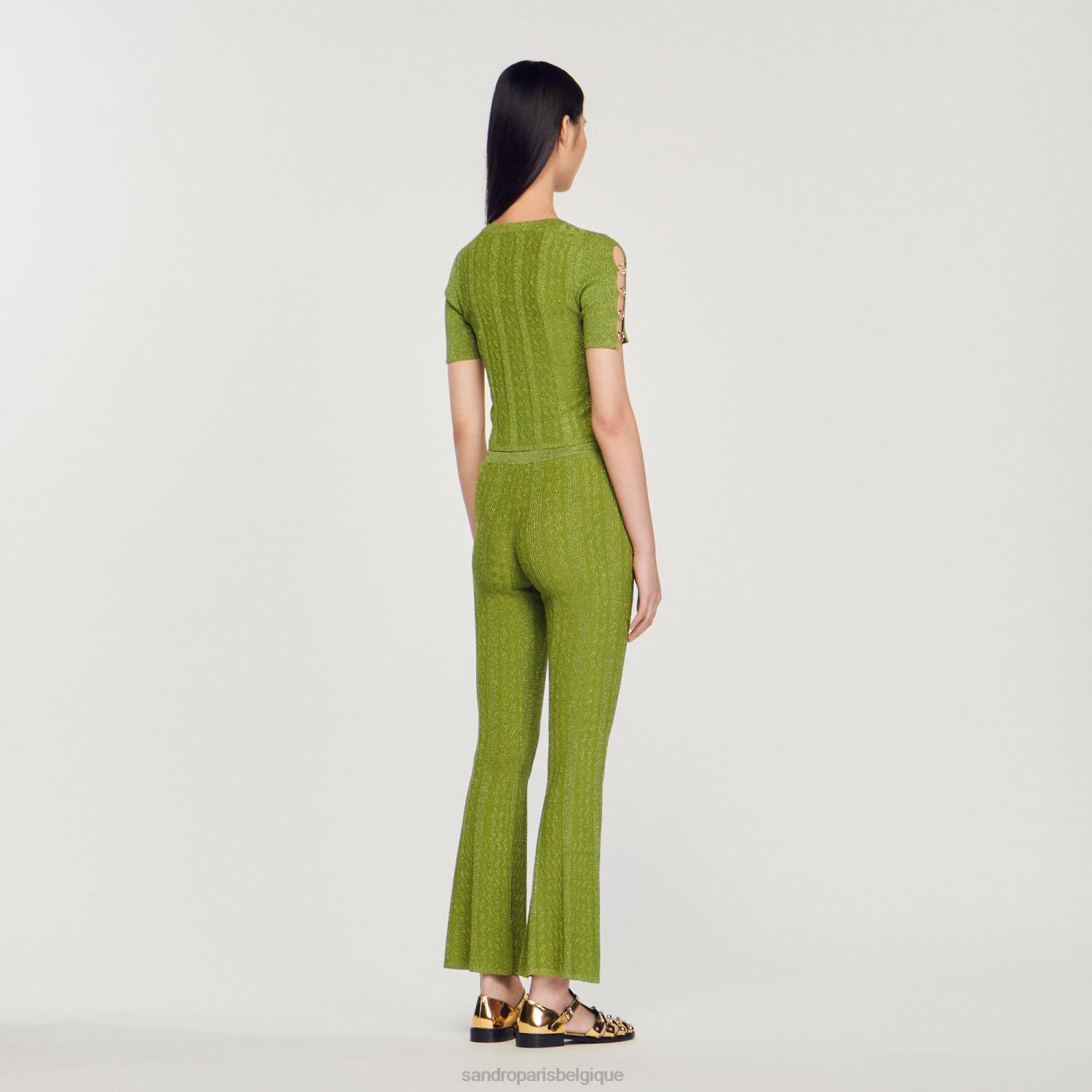 vêtements Sandro Paris pull court en maille métallisée kaki clair femmes XLXD92