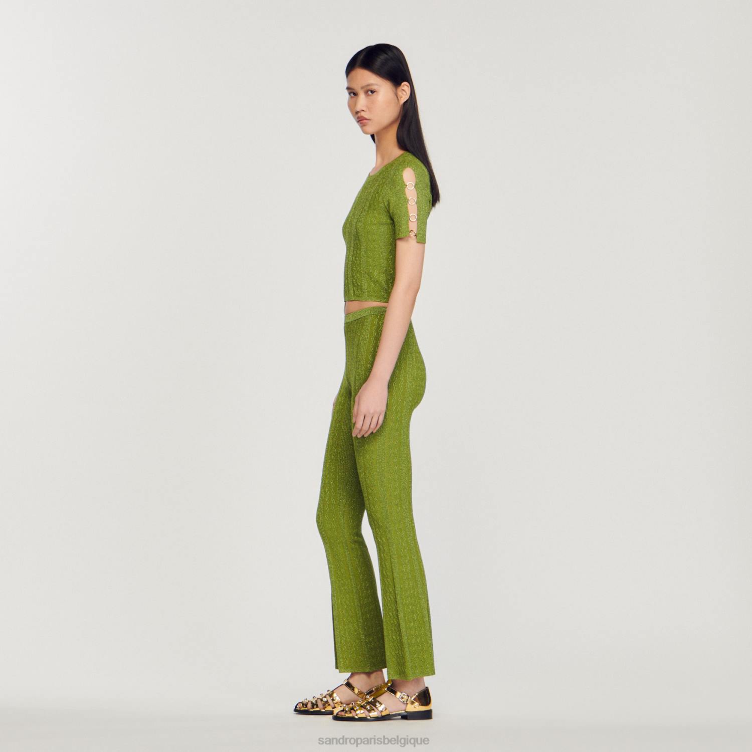 vêtements Sandro Paris pull court en maille métallisée kaki clair femmes XLXD92