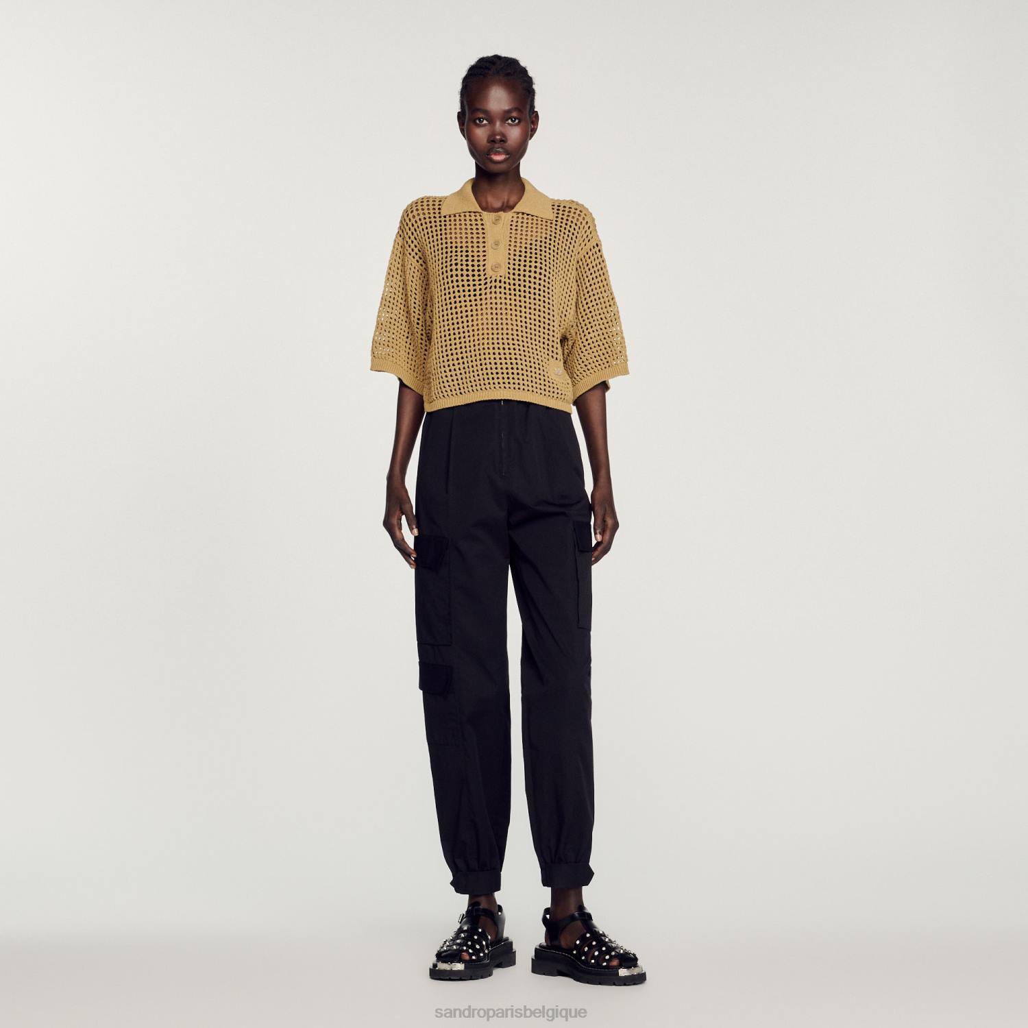 vêtements Sandro Paris pull court en maille résille olive femmes XLXD269