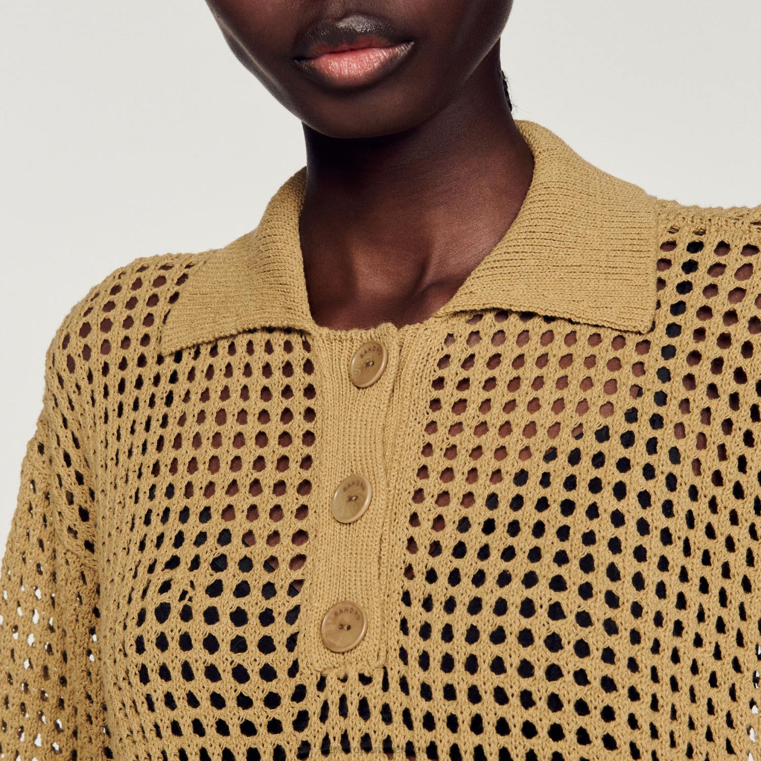 vêtements Sandro Paris pull court en maille résille olive femmes XLXD269