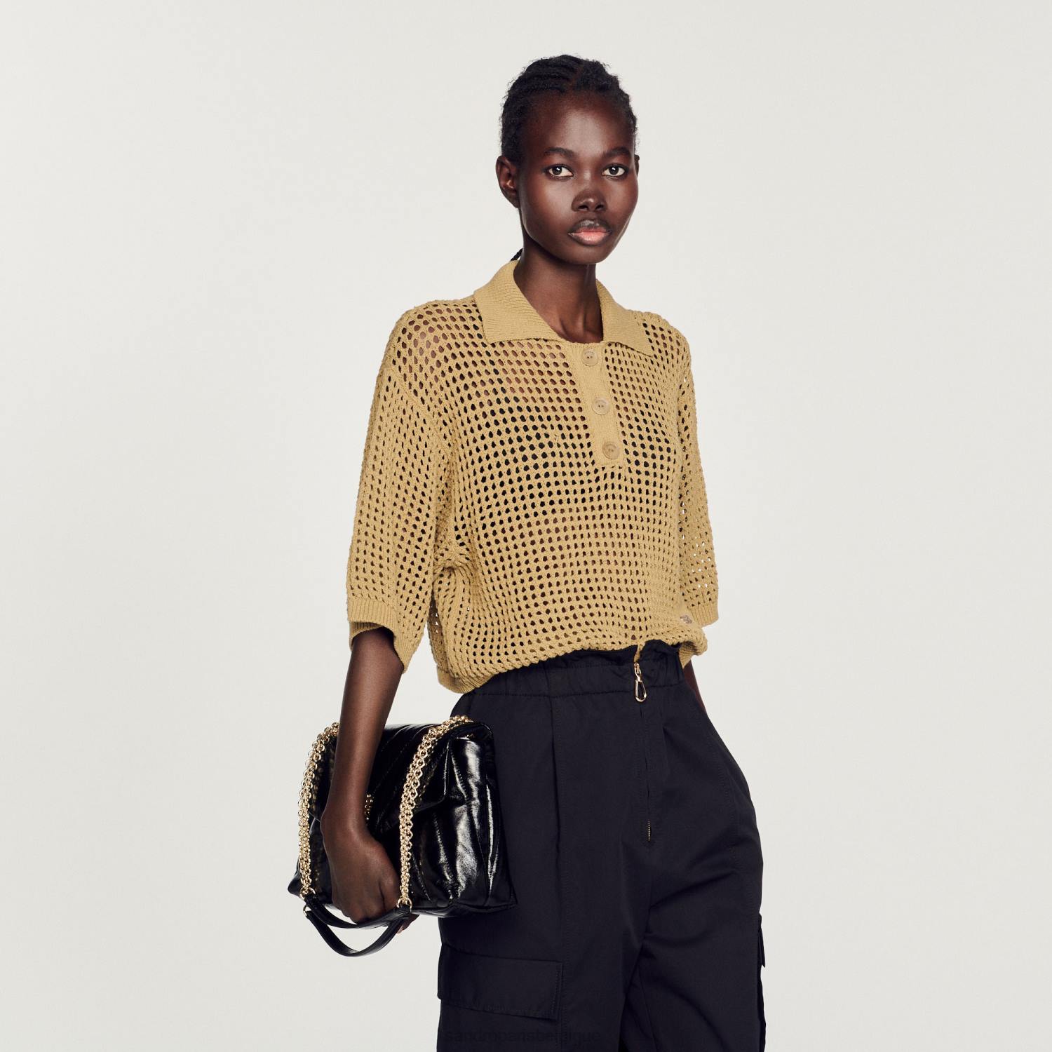 vêtements Sandro Paris pull court en maille résille olive femmes XLXD269
