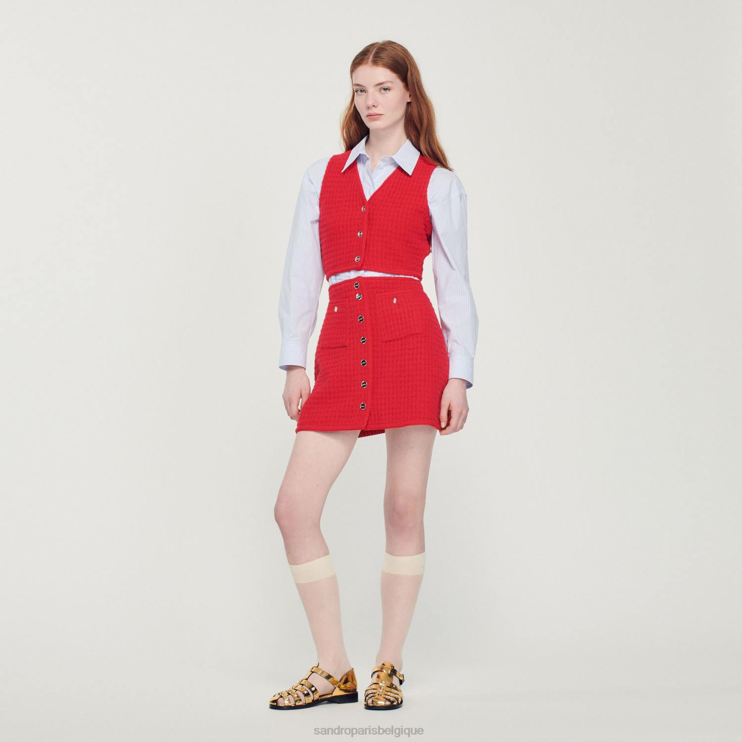 vêtements Sandro Paris pull court en tweed rouge femmes XLXD366