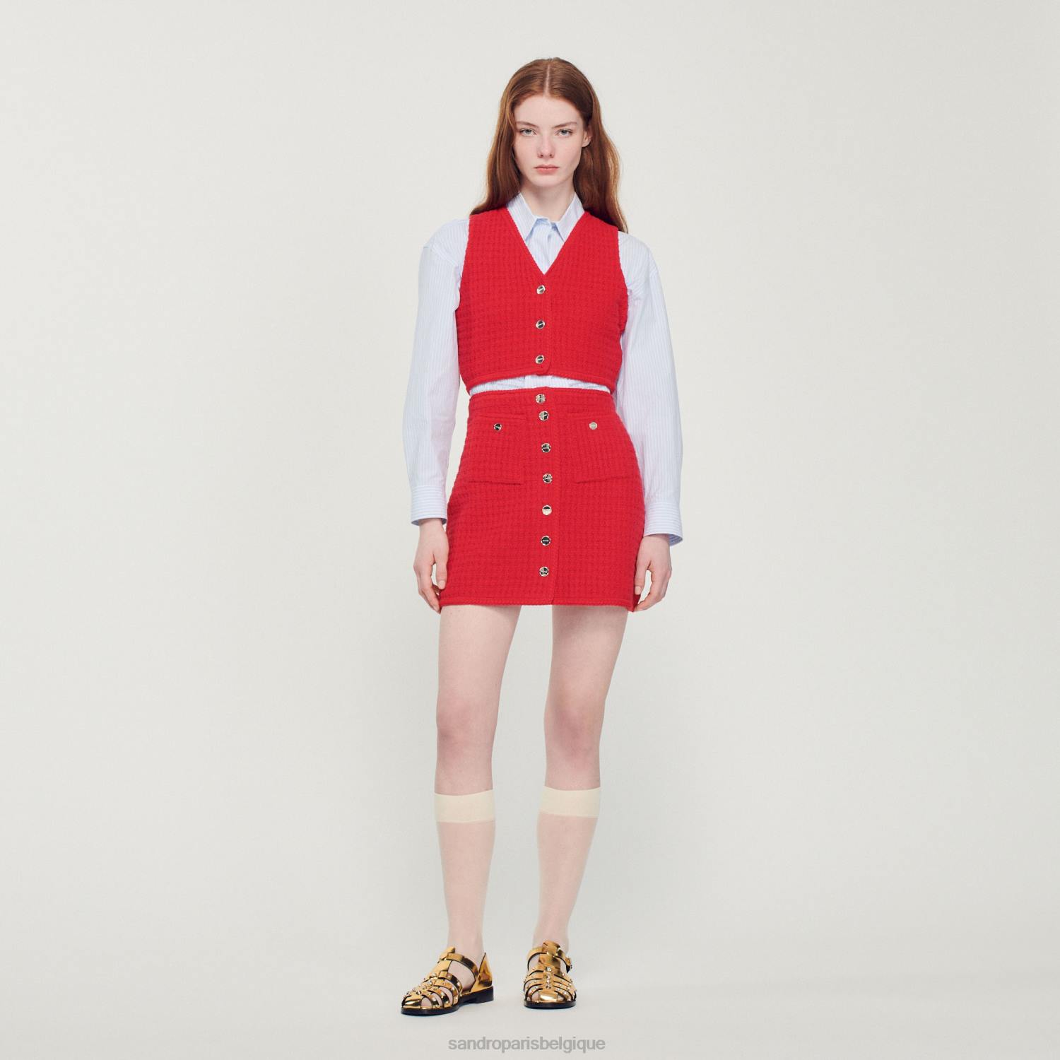 vêtements Sandro Paris pull court en tweed rouge femmes XLXD366