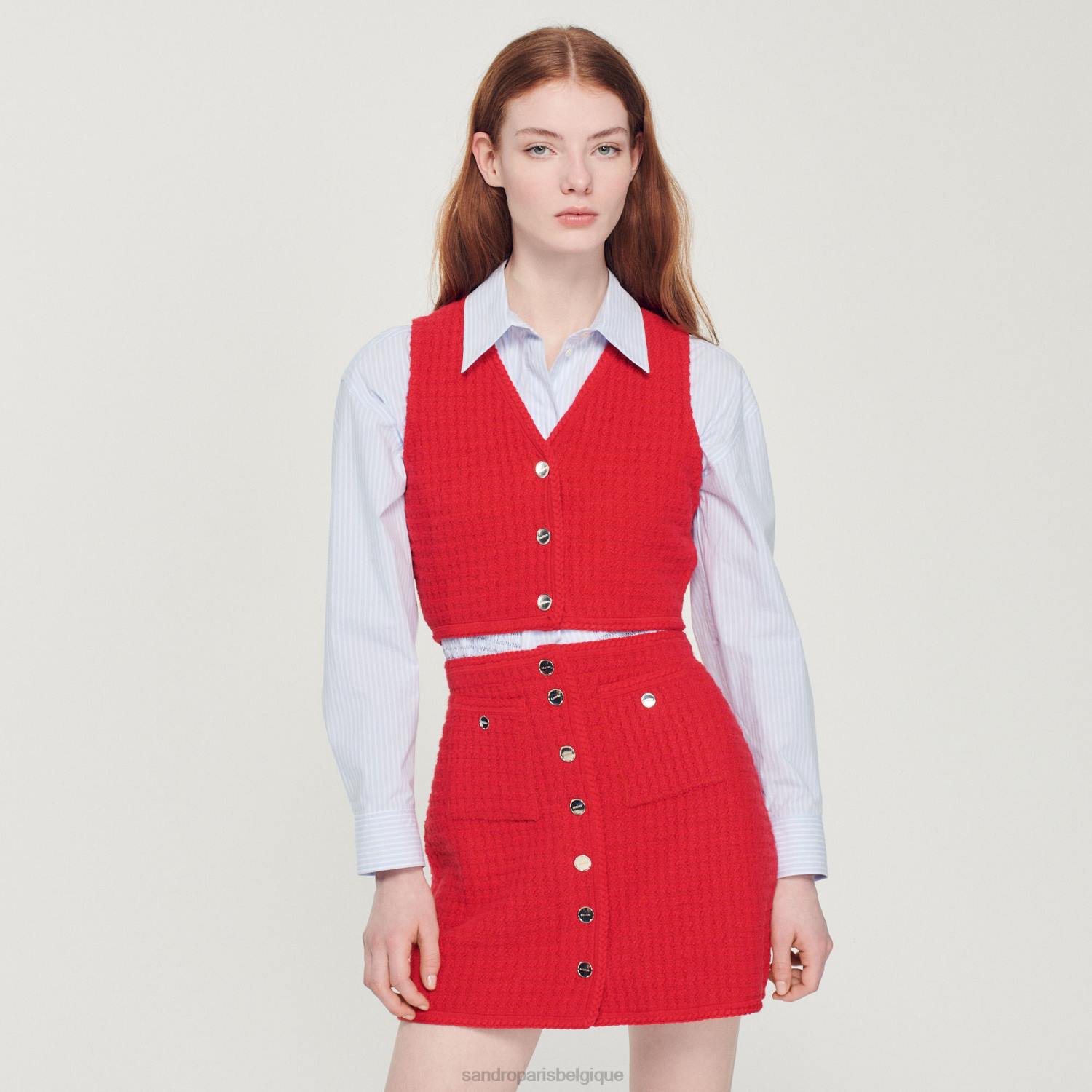 vêtements Sandro Paris pull court en tweed rouge femmes XLXD366
