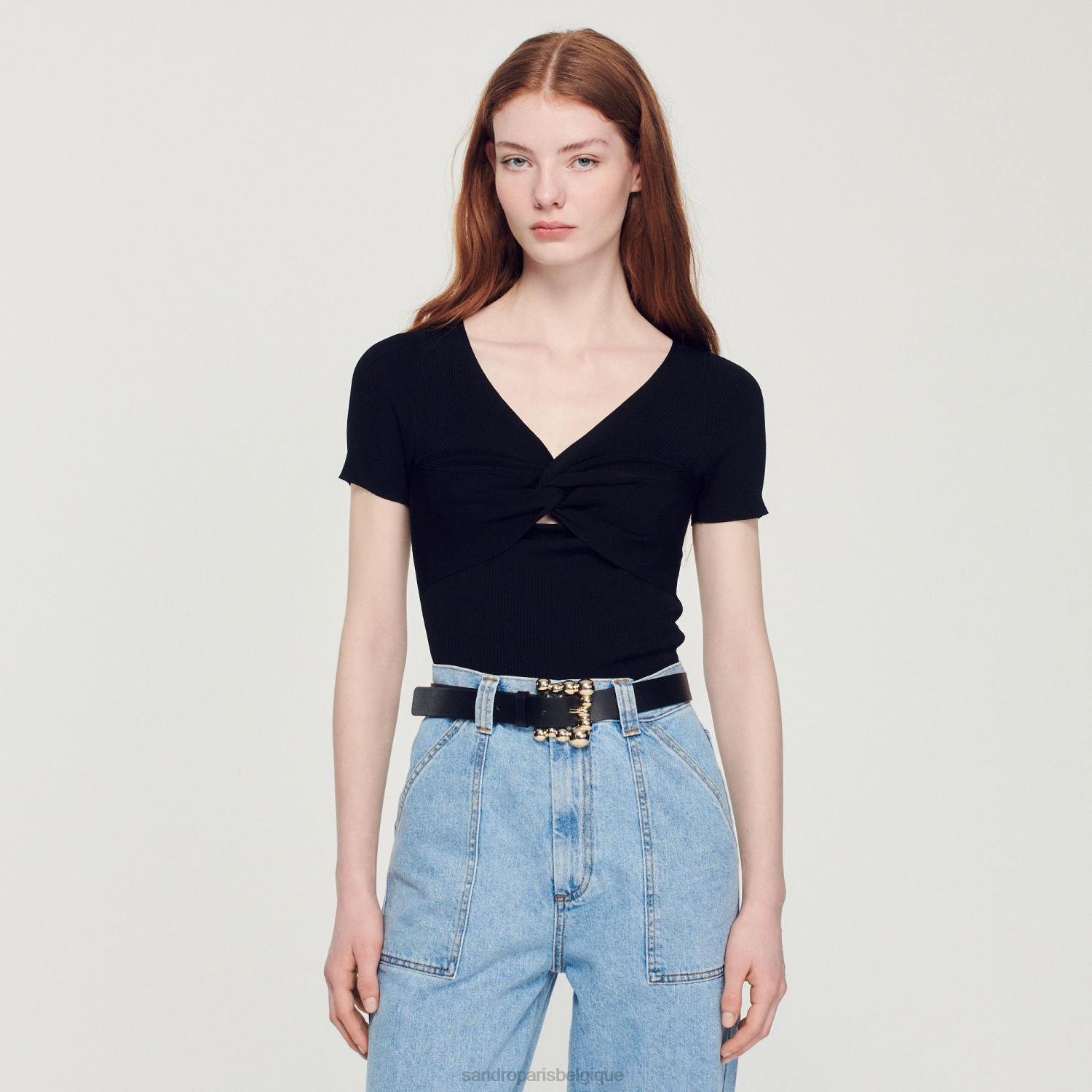 vêtements Sandro Paris pull court noué noir femmes XLXD313