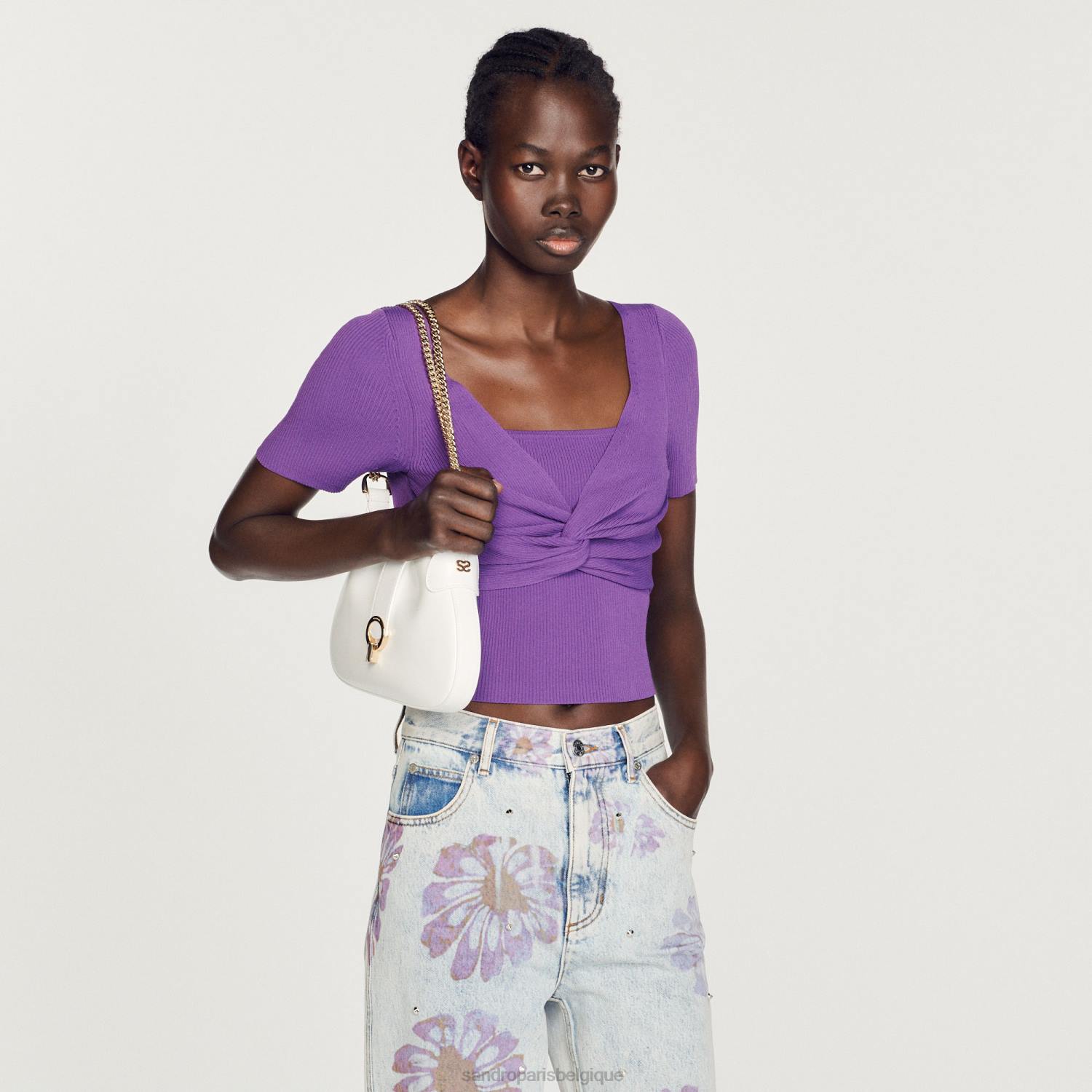 vêtements Sandro Paris pull court noué violet femmes XLXD340