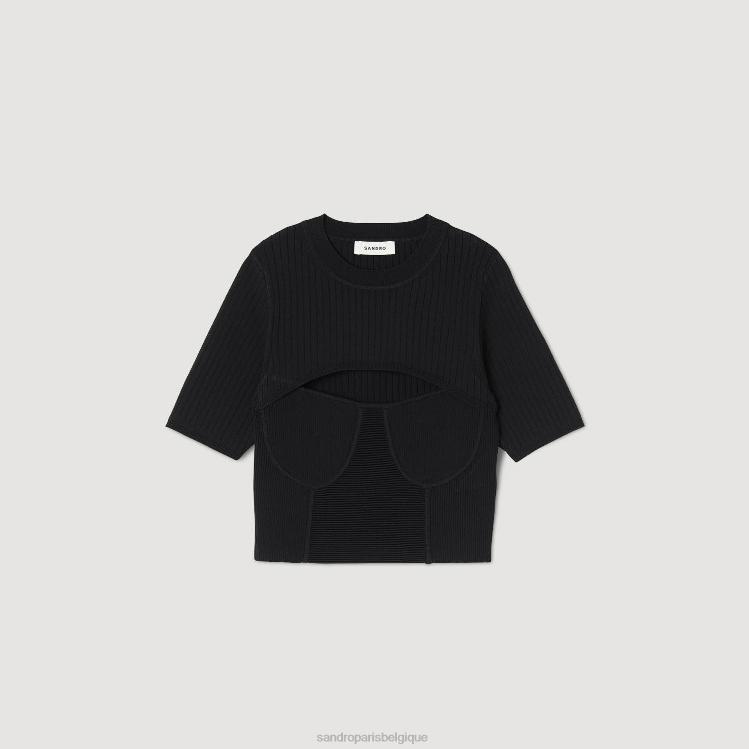 vêtements Sandro Paris pull raccourci ajouré noir femmes XLXD62