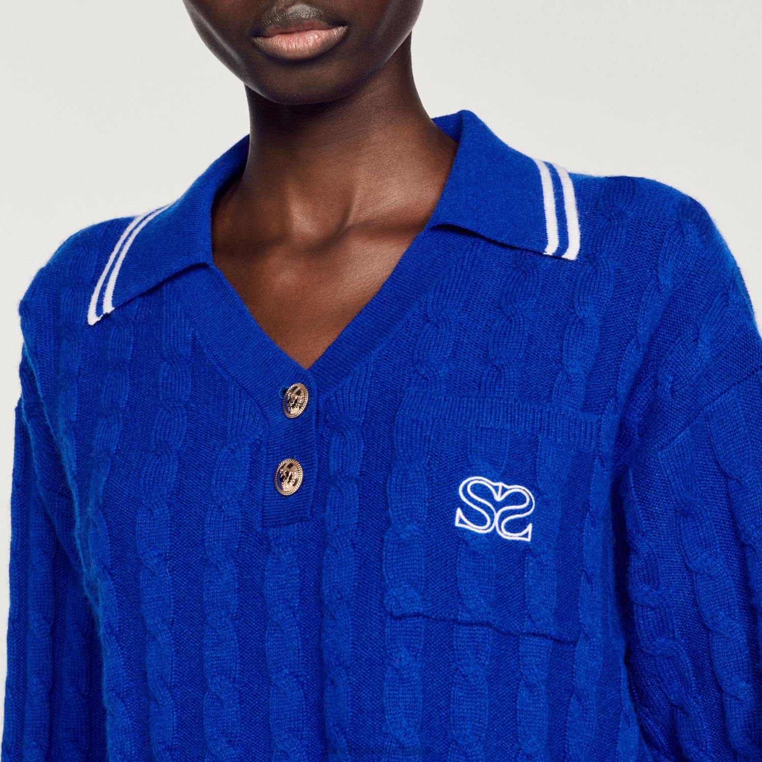 vêtements Sandro Paris pull raccourci en maille torsadée bleu électrique femmes XLXD333