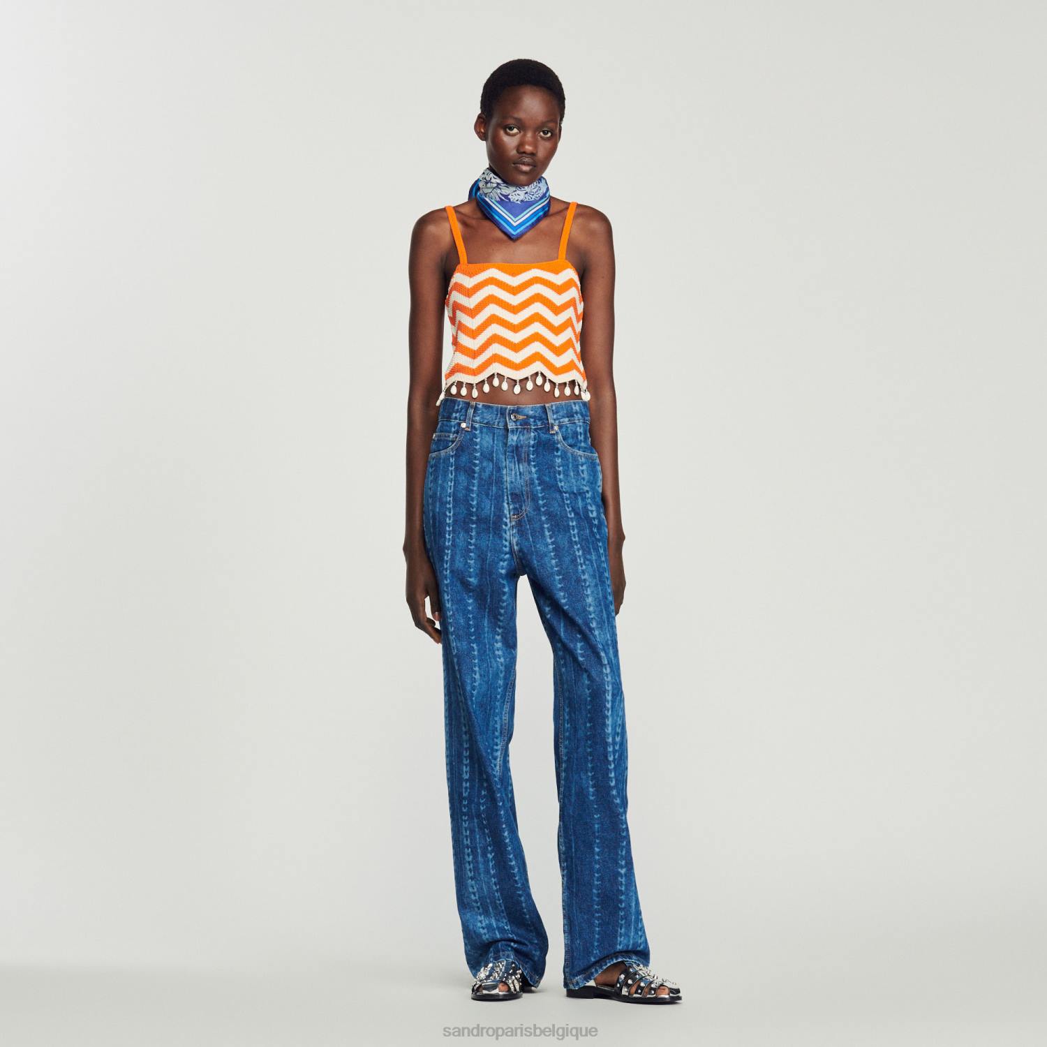 vêtements Sandro Paris top court à perles tombantes orange/blanc cassé femmes XLXD446