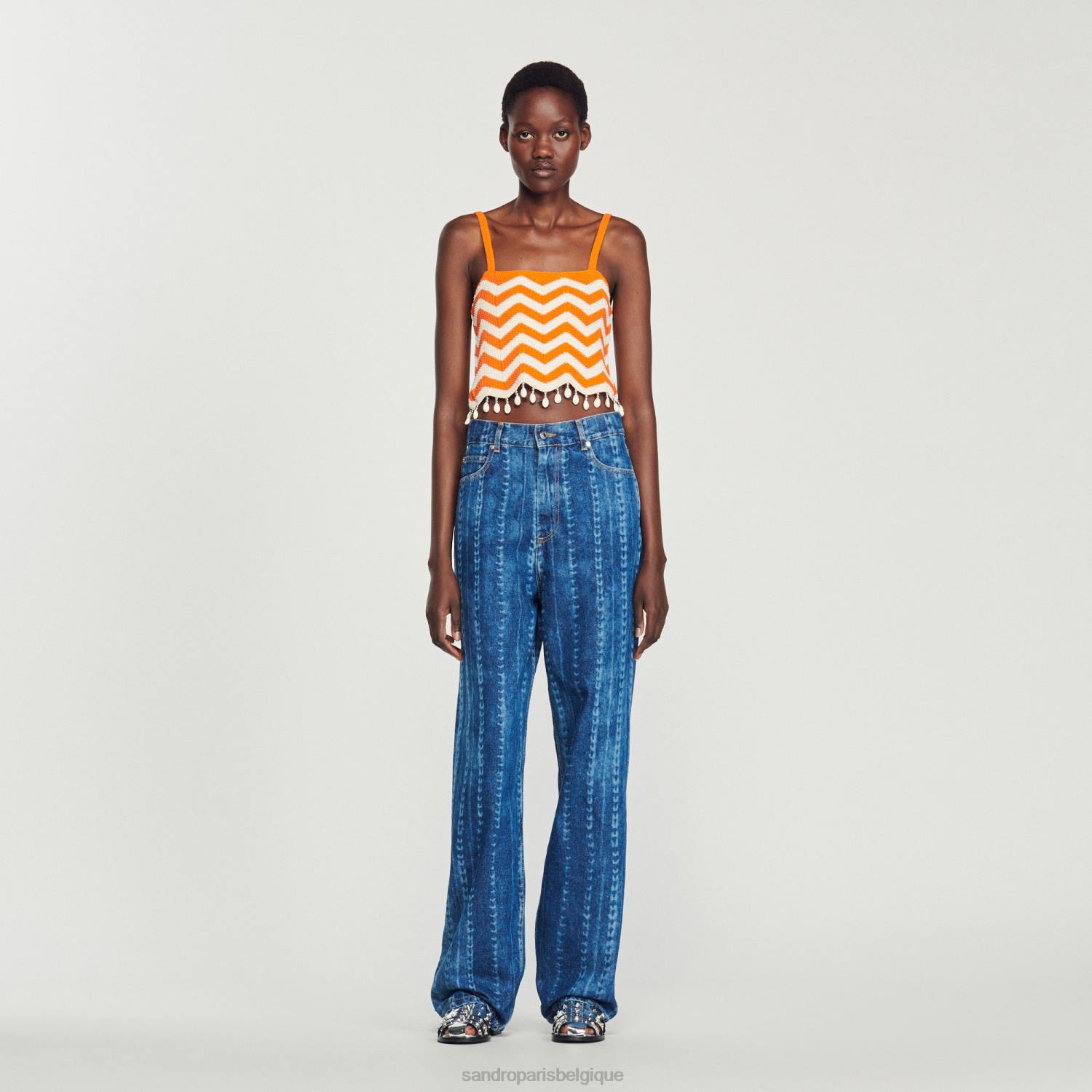vêtements Sandro Paris top court à perles tombantes orange/blanc cassé femmes XLXD446
