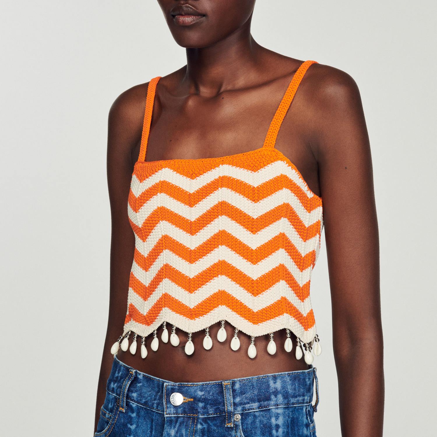 vêtements Sandro Paris top court à perles tombantes orange/blanc cassé femmes XLXD446