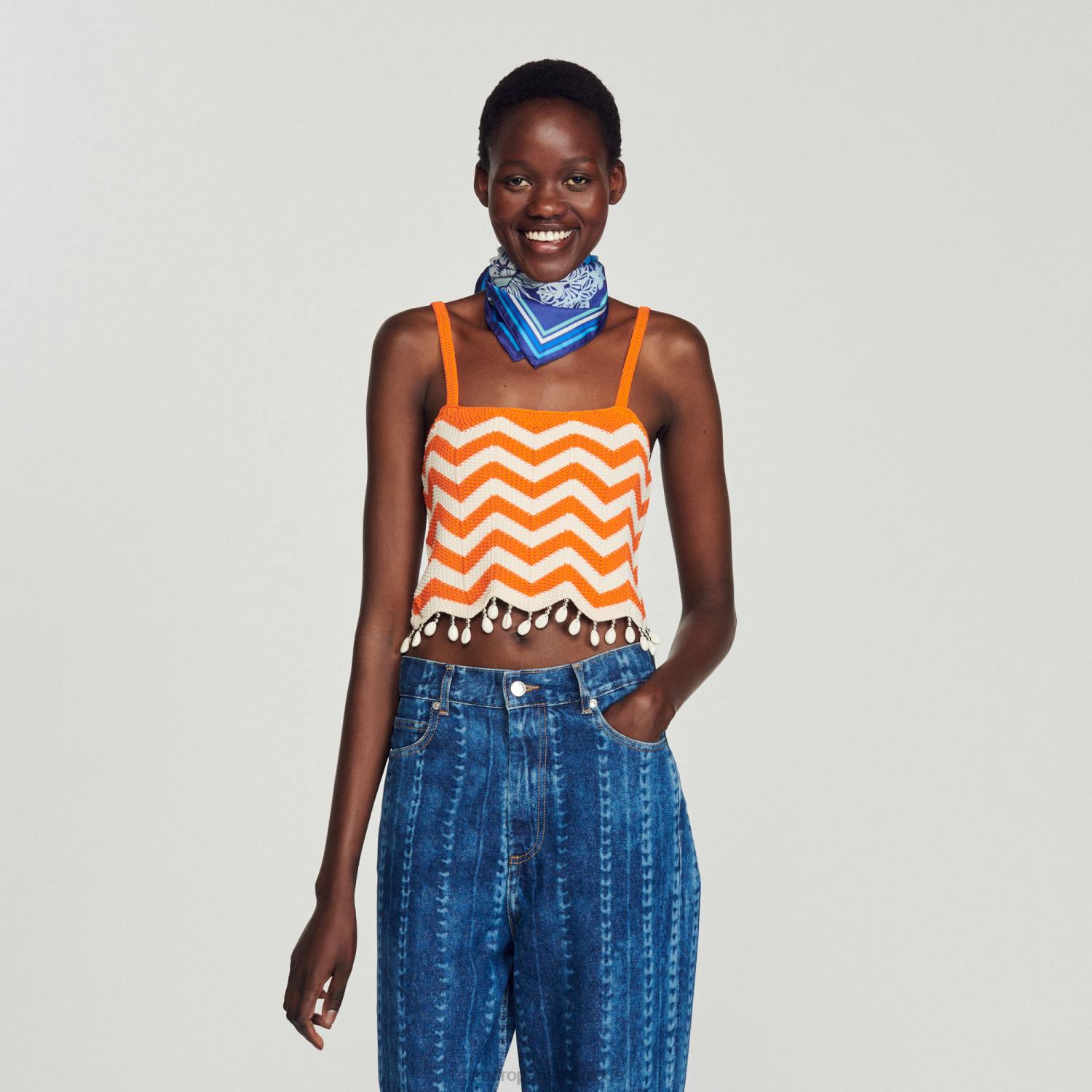 vêtements Sandro Paris top court à perles tombantes orange/blanc cassé femmes XLXD446