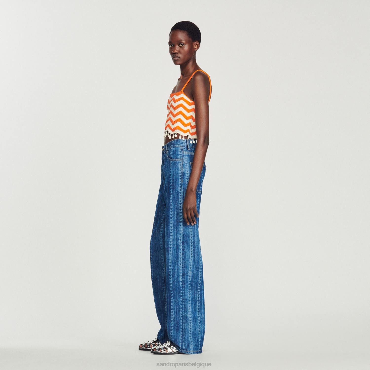 vêtements Sandro Paris top court à perles tombantes orange/blanc cassé femmes XLXD446
