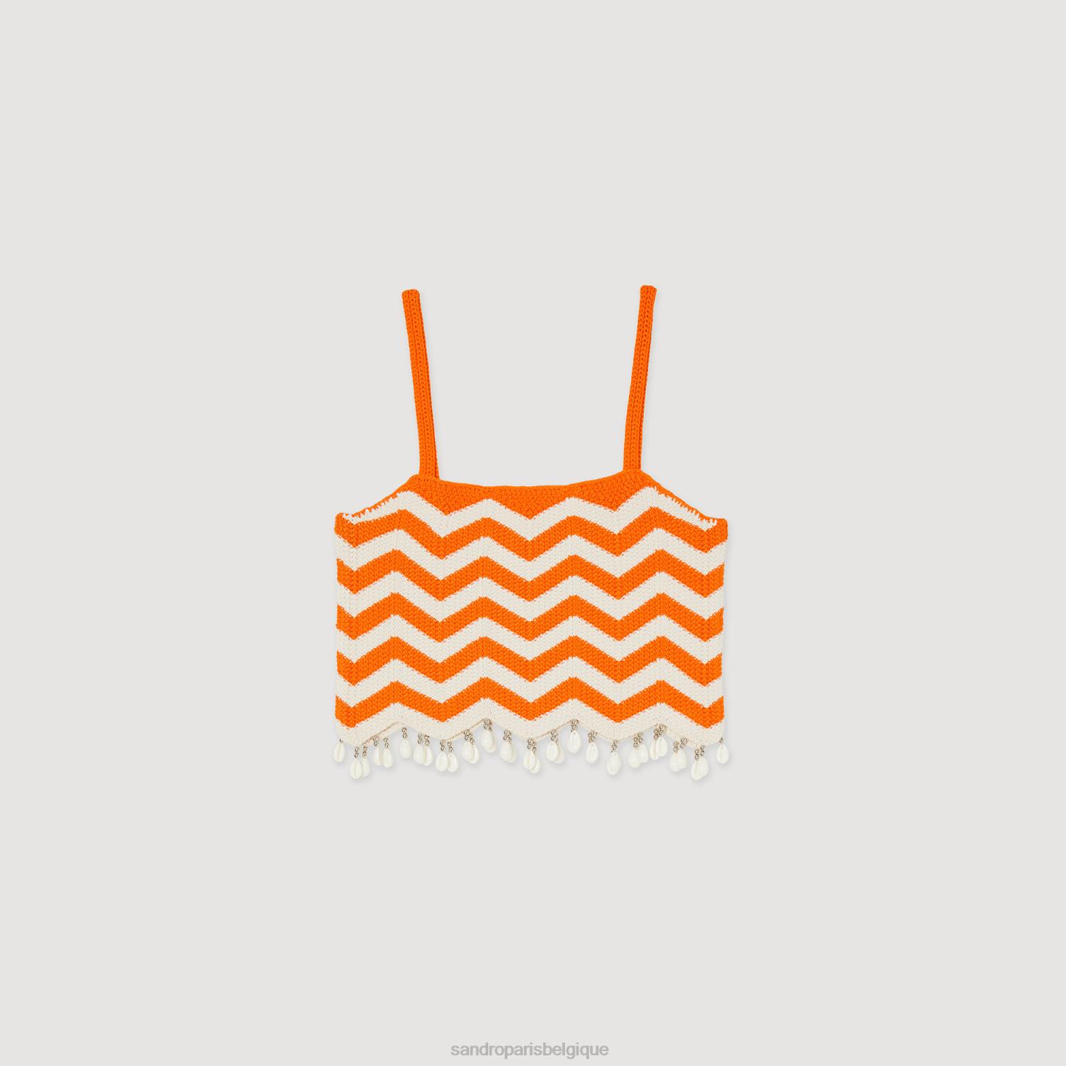 vêtements Sandro Paris top court à perles tombantes orange/blanc cassé femmes XLXD446