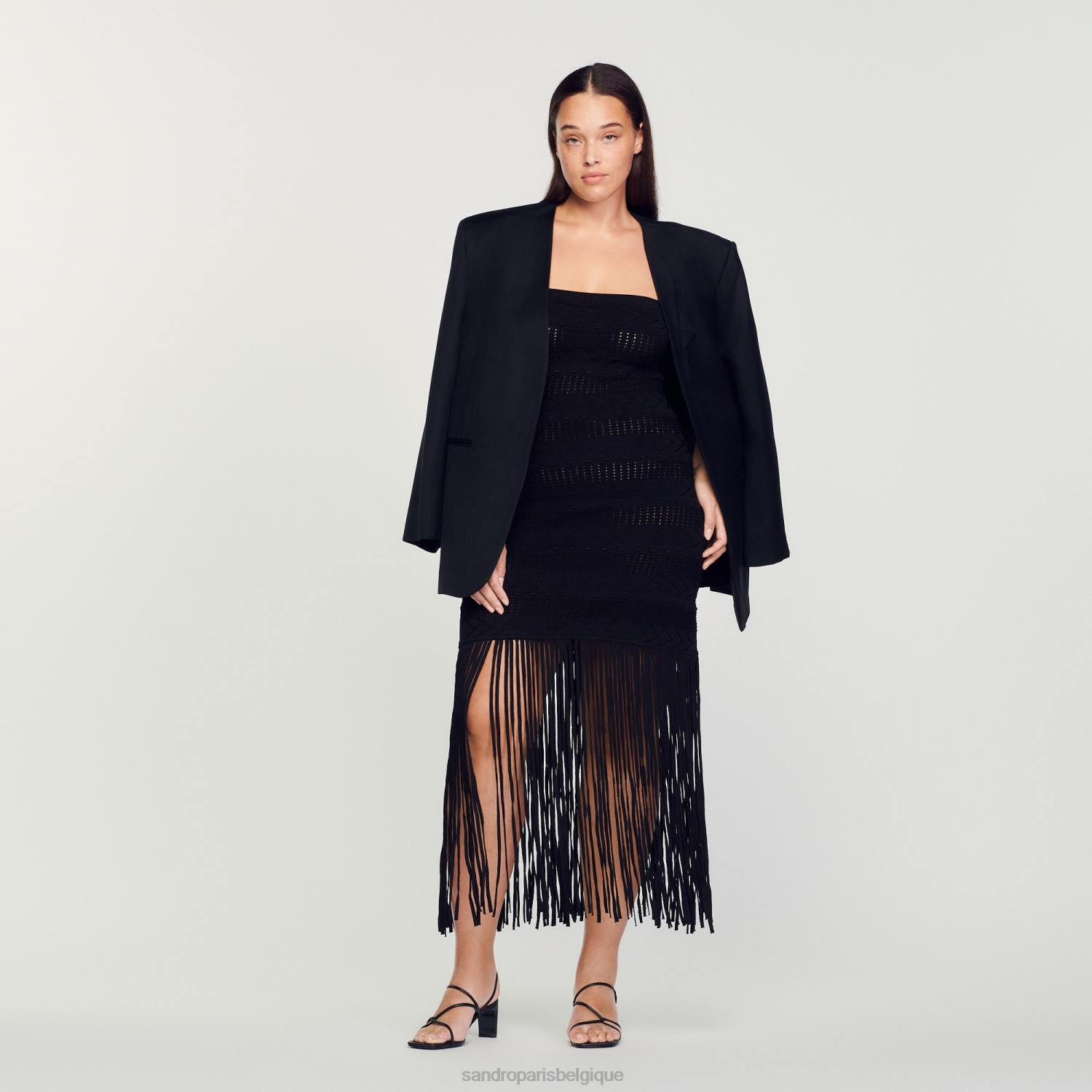 vêtements Sandro Paris robe bustier à franges noir femmes XLXD93