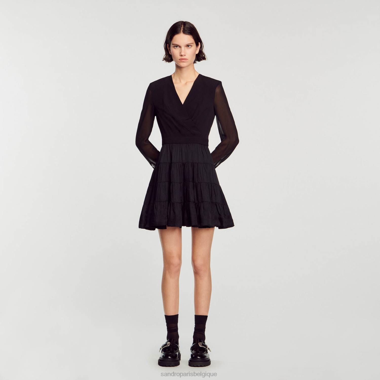 vêtements Sandro Paris robe courte fluide bi-matière noir femmes XLXD136