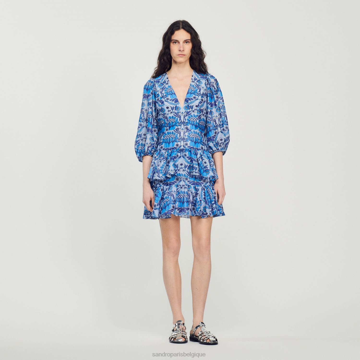 vêtements Sandro Paris robe courte à imprimé foulard bleu femmes XLXD422
