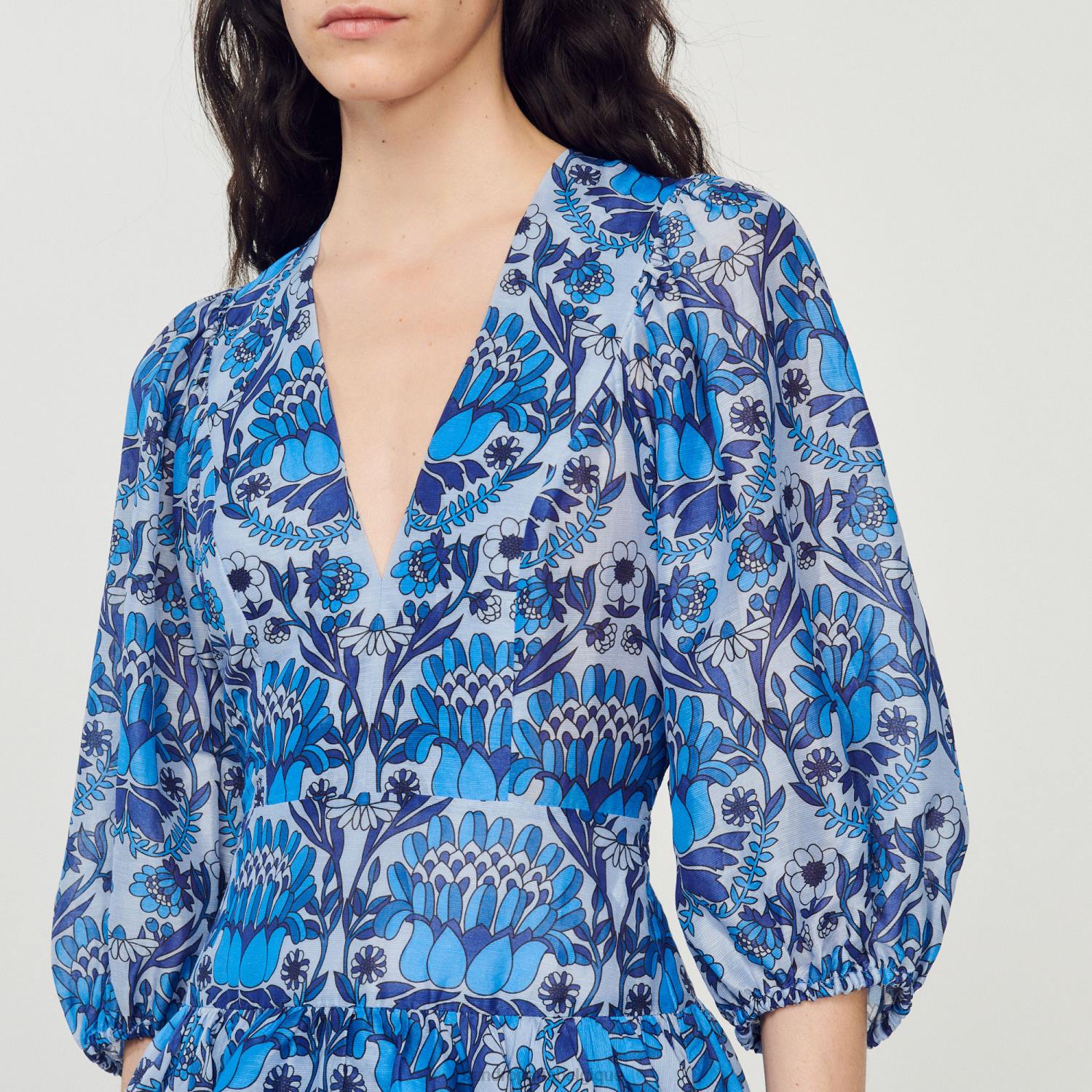 vêtements Sandro Paris robe courte à imprimé foulard bleu femmes XLXD422