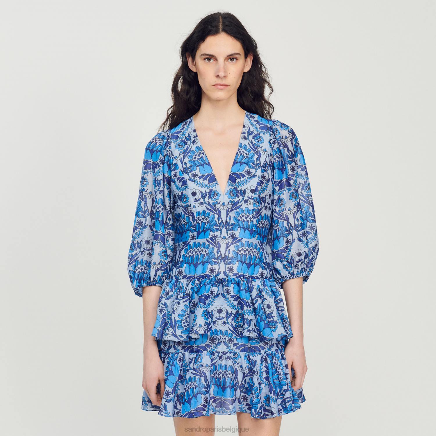 vêtements Sandro Paris robe courte à imprimé foulard bleu femmes XLXD422